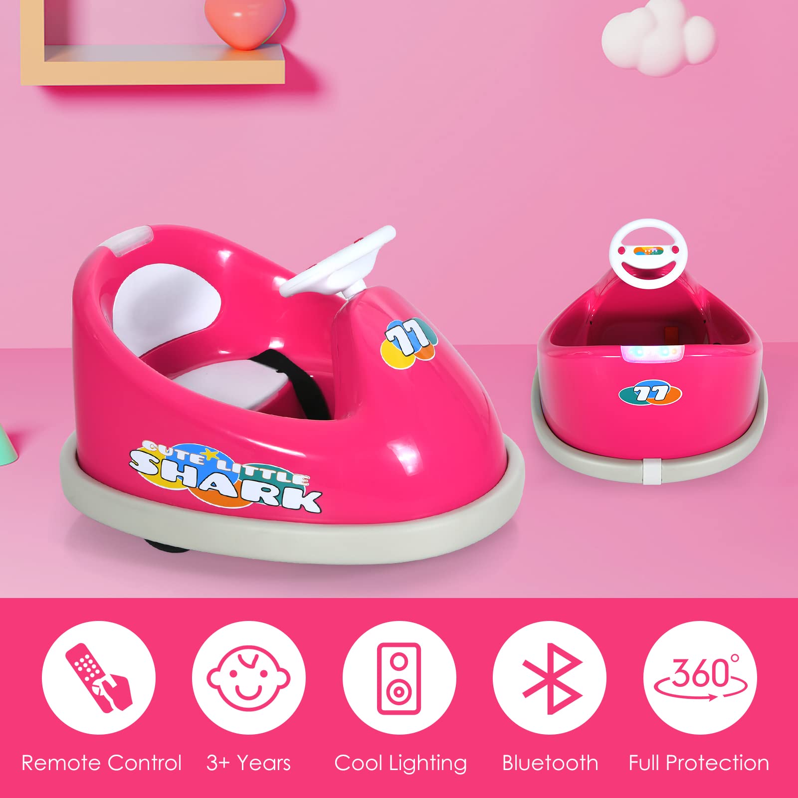 INFANS 6V Kids Electric Ride On Car with Remote Control - 360° Spin, LED Lights, Bluetooth Music & 2 Driving Modes - Rechargeable Battery Powered Bumper Toy for Boys & Girls (Rose) - Perfect for Indoor/Outdoor Play, Birthday Gifts & Toddler Entertainment