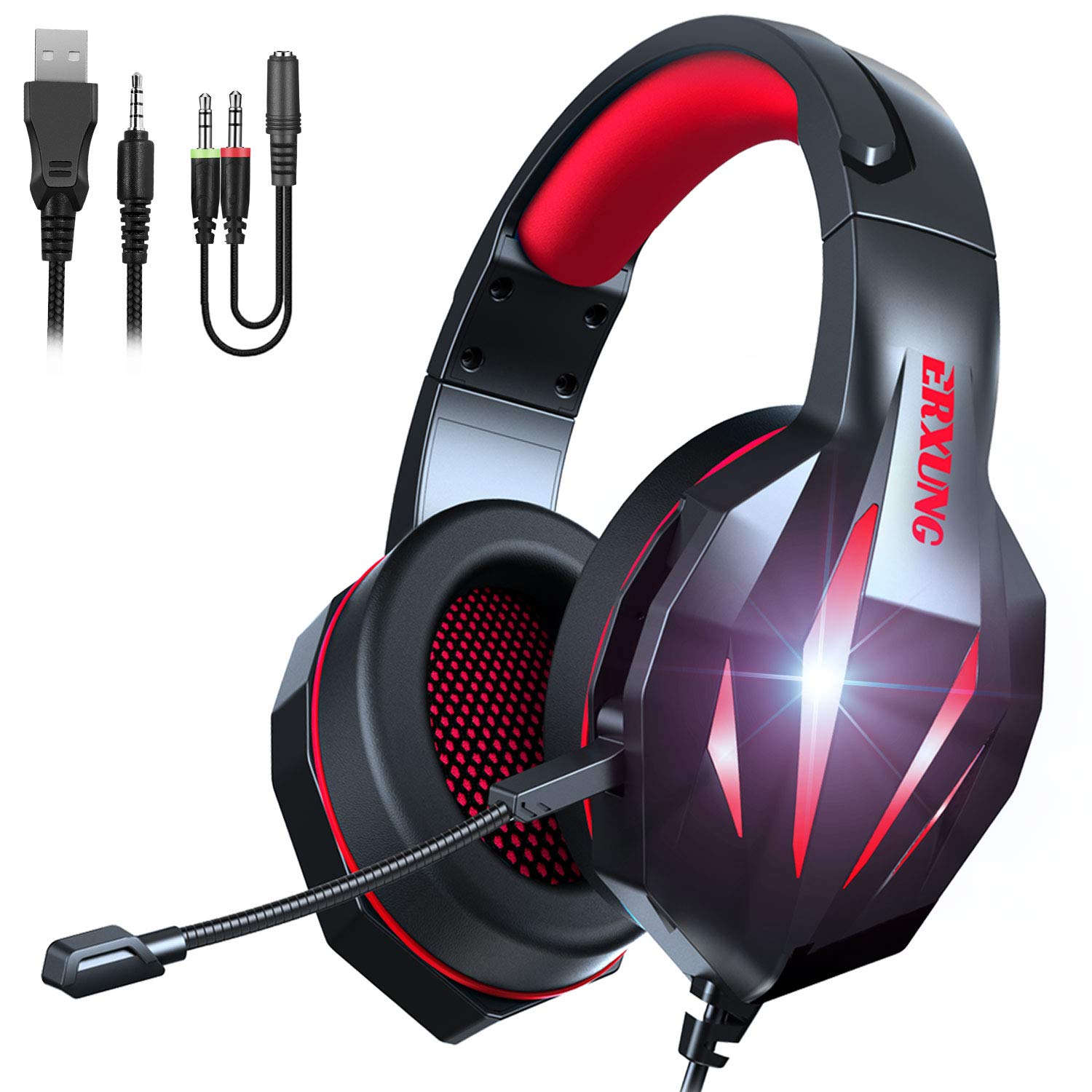 ERXUNG Gaming Headset with Stereo Surround Sound - Over Ear Headphones with Mic, Noise Cancelling, LED Lights & Bass Boost for PS5, PC, Mac, Nintendo Switch - Soft Memory Earmuffs for Long Gaming Sessions (Red) - Perfect for FPS, RPG & Online Multiplayer Games