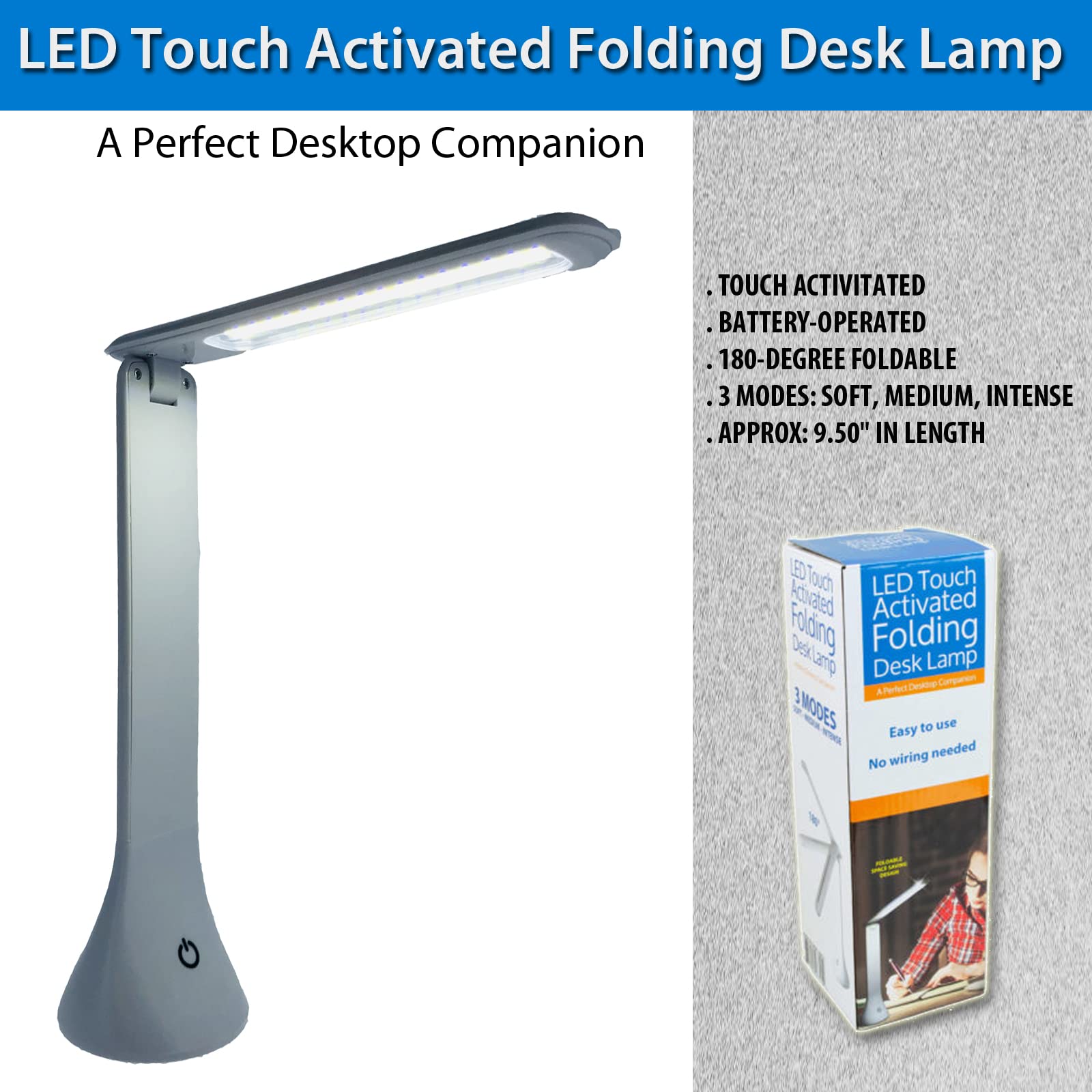 LED Touch Activated Folding Desk Lamp - Adjustable Brightness, USB Rechargeable, Eye Protection for Home Office, Study, Reading & Nightstand Use