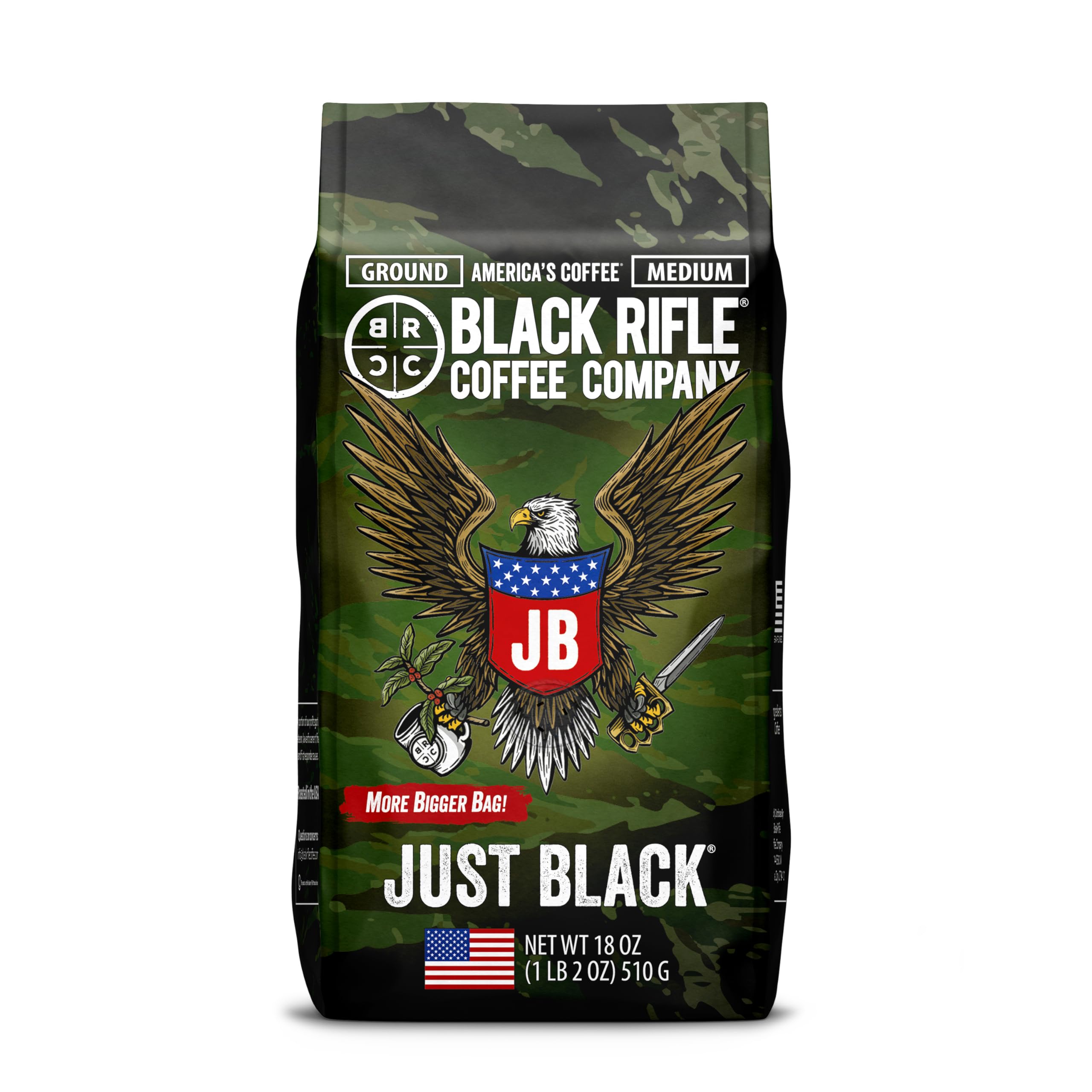 Black Rifle Coffee Company Just Black Medium Roast Ground Coffee - 18oz Bag for Home, Office & Camping | Premium American Coffee for Coffee Lovers & Military Supporters