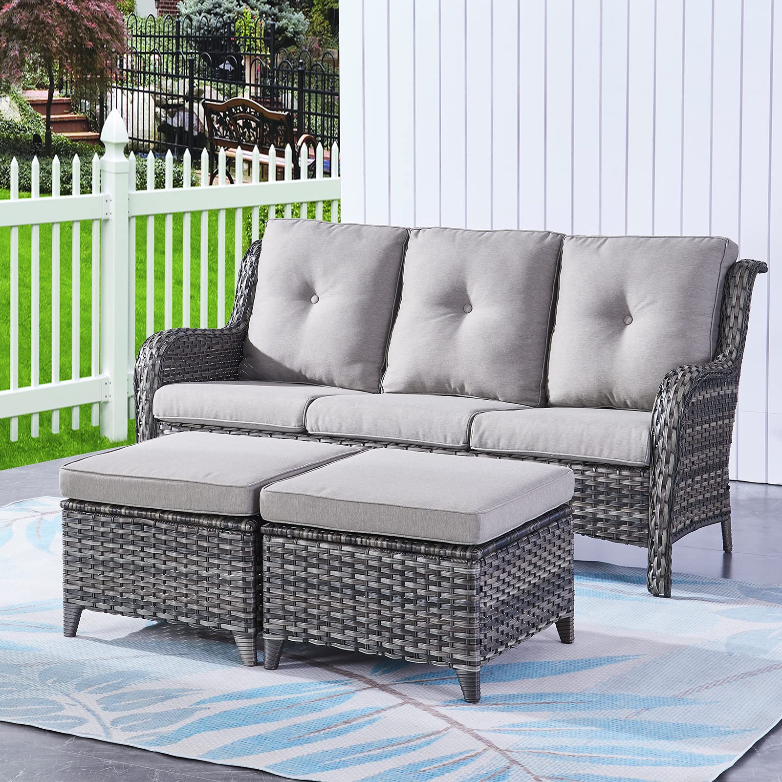 2-Piece Outdoor Wicker Ottoman Set with Thick Cushions - Rattan Patio Footrest & Footstool in Mixed Grey - Perfect for Garden, Poolside & Backyard Relaxation