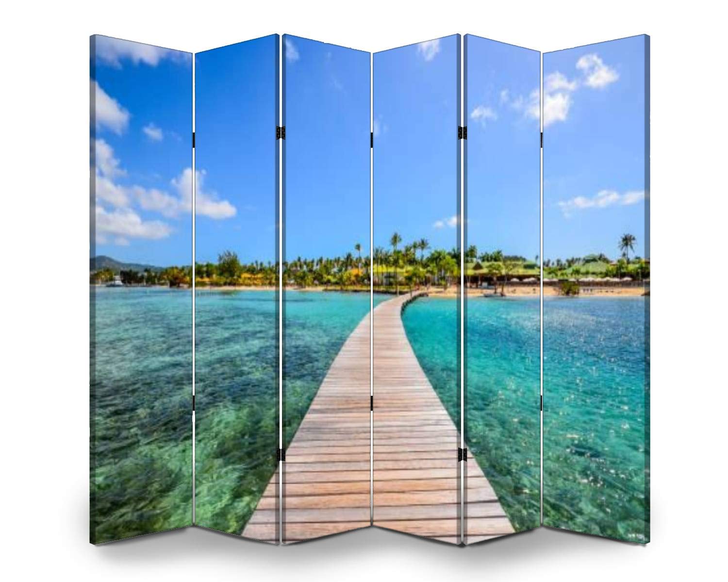 APED DECOR Wooden Room Divider - 6-Panel Caribbean Martinique Pontoon Folding Privacy Screen with Dual-Sided Canvas Design for Home Office, Bedroom Partition & Indoor Display Shelves | Perfect for Creating Private Spaces in Living Rooms, Studios and Workspaces