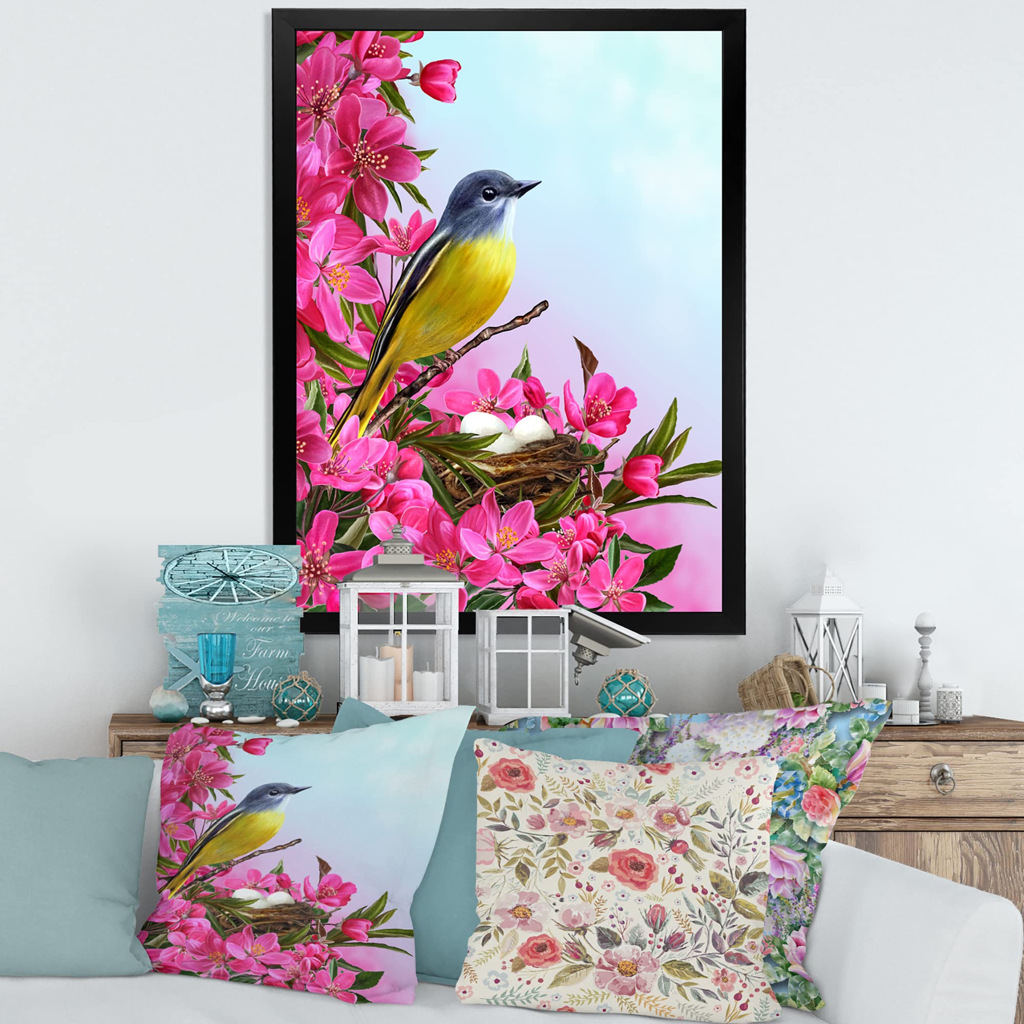 DesignQ Little Yellow Bird Near The Nest with Flowers - Traditional Framed Wall Art Painting - Perfect for Living Room, Bedroom & Office Decor