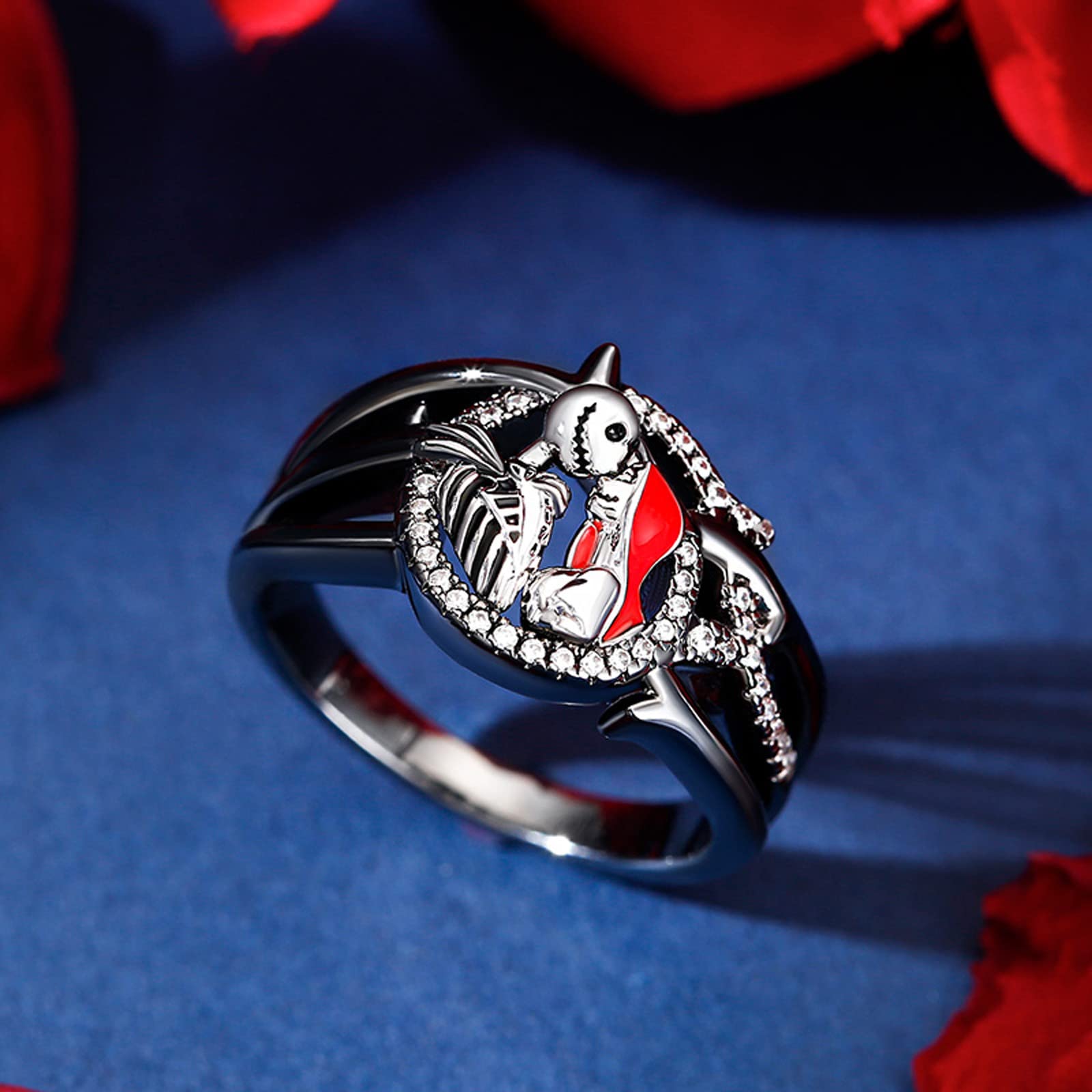 Gothic Skull Diamond Ring Sterling Silver Jack & Sally Skeleton Band - Halloween Jewelry for Women, Engagement & Anniversary Gift with Gift Box | Perfect for Christmas, Cosplay & Gothic Fashion
