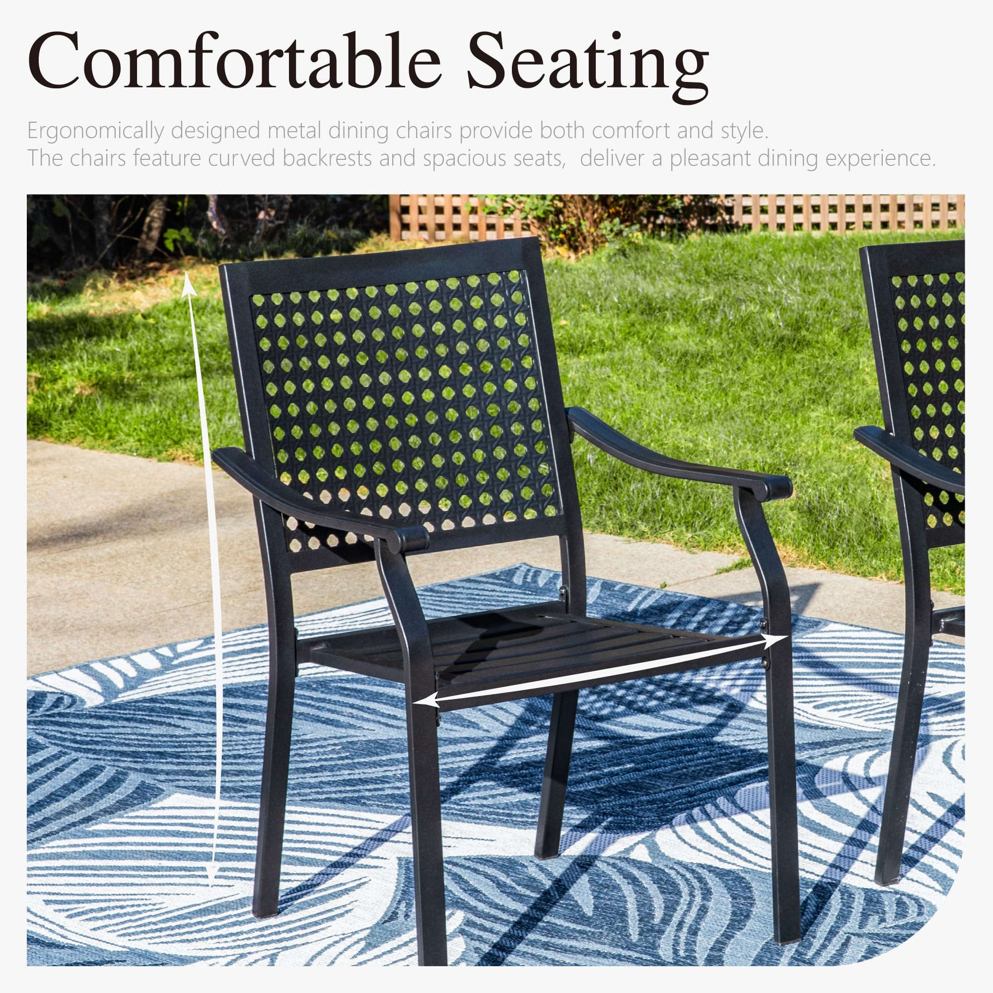 PHI VILLA 2-Piece Black Metal Stackable Patio Dining Chairs Set with Armrests - Heavy Duty Wrought Iron Frame Outdoor Chairs for Garden, Backyard, Lawn - Supports 300 lbs - Perfect for Outdoor Dining, Poolside Relaxation & Entertaining Guests