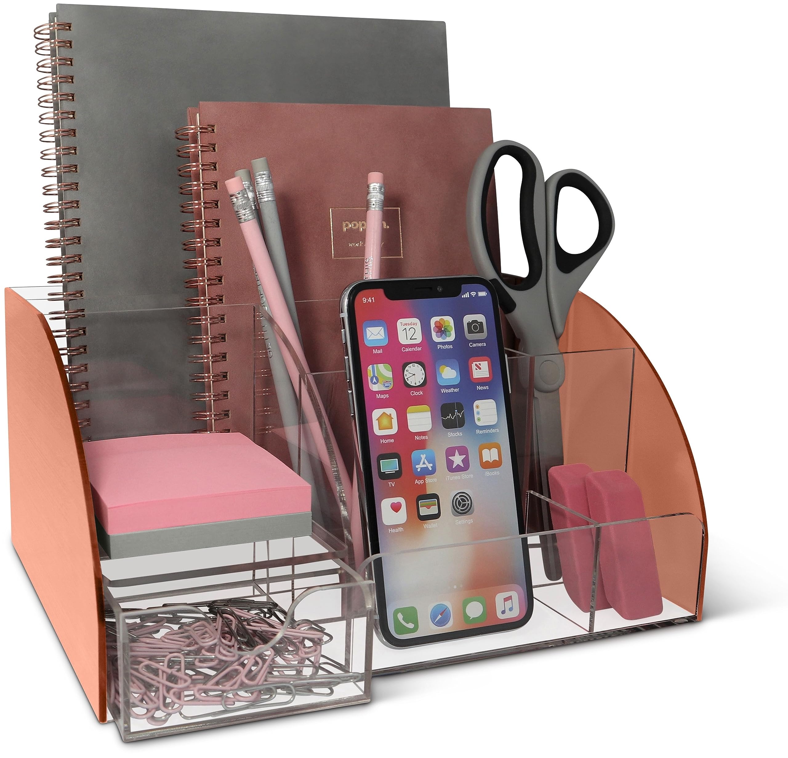 Rose Gold Acrylic Desk Organizer with 9 Compartments & Drawer - Pen Holder & Office Supplies Storage - Stylish Desktop Organization for Home & Office Workspace