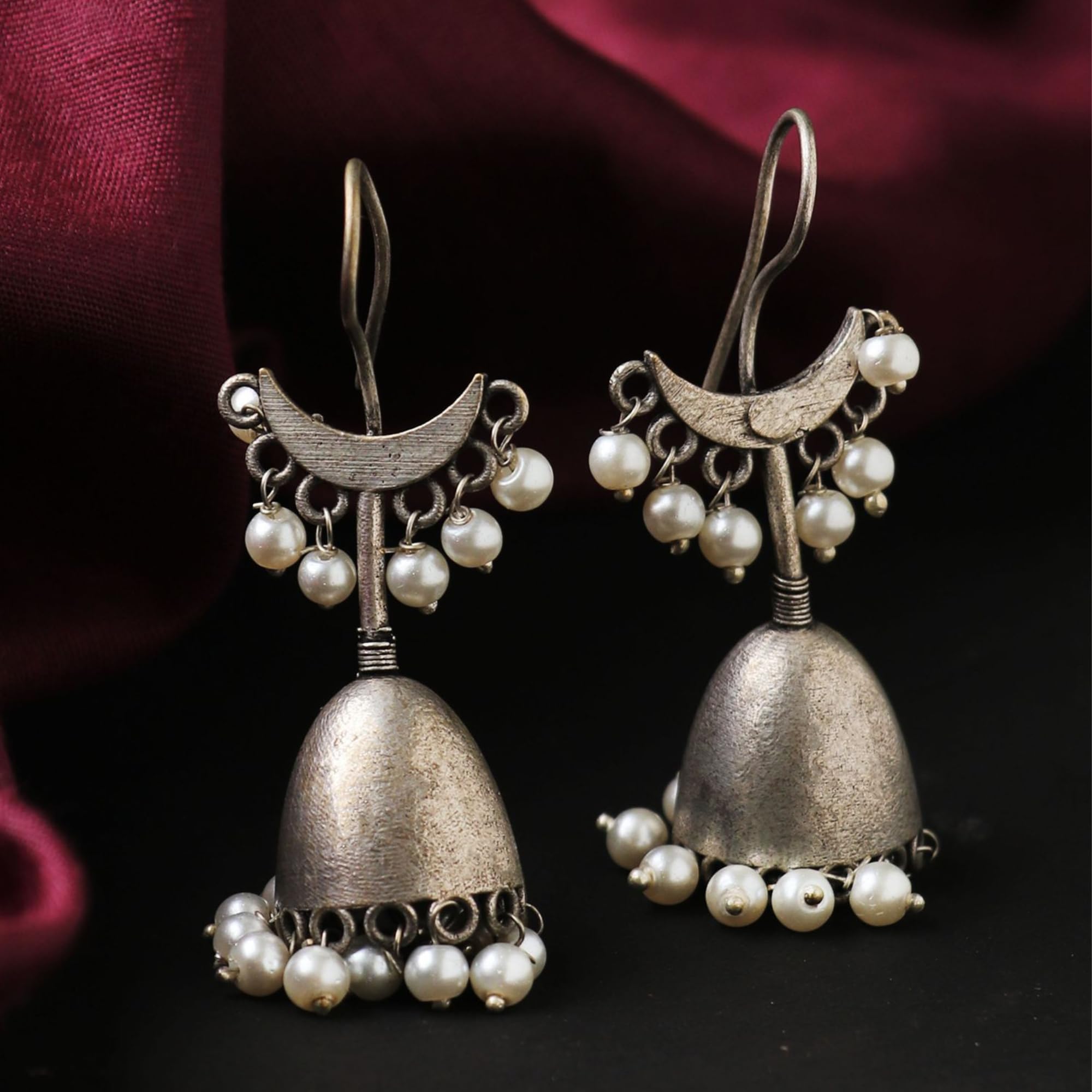 Traditional Silver Oxidized Bell-Shaped Jhumka Earrings for Women & Girls | Ethnic Pearl Tribal Jewelry | Perfect for Weddings, Parties & Cultural Events