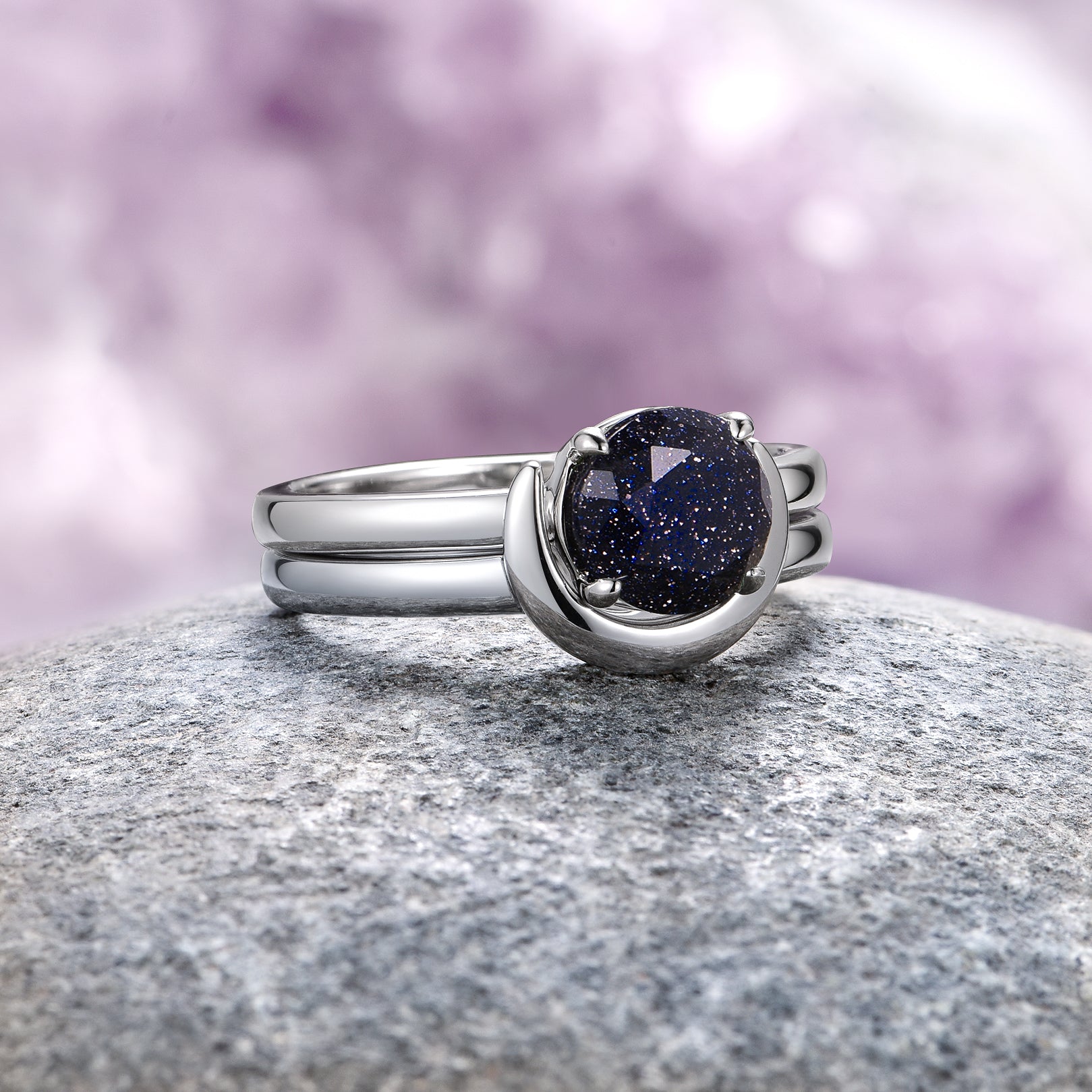 Starry Night Crescent Moon Engagement Ring Set - Sterling Silver Wedding Band for Women - Perfect for Proposals, Anniversaries & Romantic Gifts
