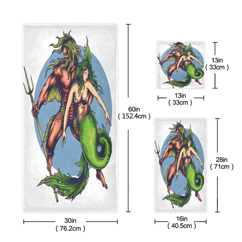 Premium Mermaid & Merman Bath Towel Set of 3 - Super Soft Luxury Cotton Towels for Bathroom, Kitchen, Hotel - Decorative Hand Towels & Washcloths for Beach, Gym, Spa - Neptune Gods Themed Collection