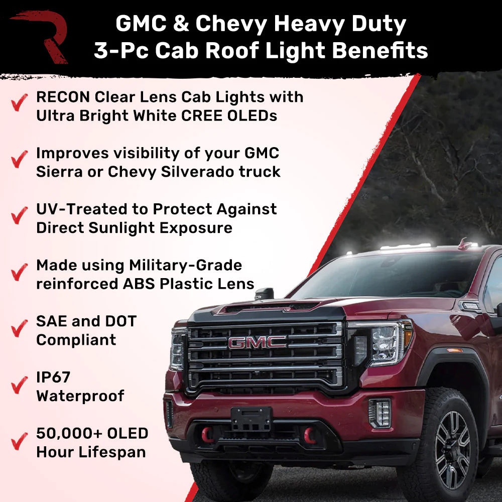 GMC & Chevy 20-24 4th Gen Heavy Duty 3-Piece Clear Cab Roof Light Lens with White LEDs - Compatible with Trucks Without Factory Roof Lights - Perfect for Off-Roading, Night Driving & Emergency Vehicles