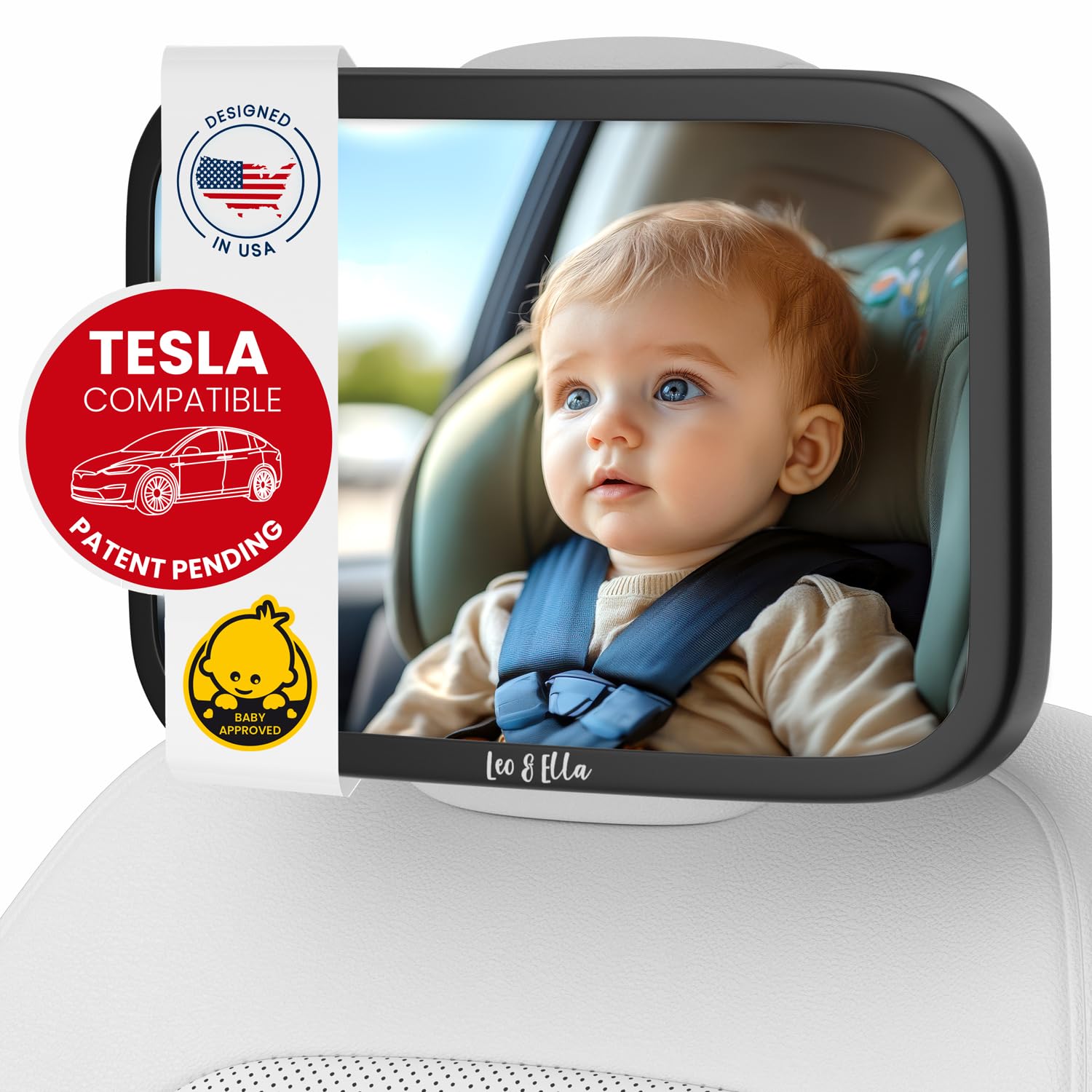 Leo and Ella Tesla Fixed Headrest Baby Car Mirror - Extra Large Shatterproof Rear-Facing Infant Mirror with Adjustable Safety Mount & Elastic Strap for Safe Driving - Perfect for Tesla Model 3/Y/X/S & Family Road Trips