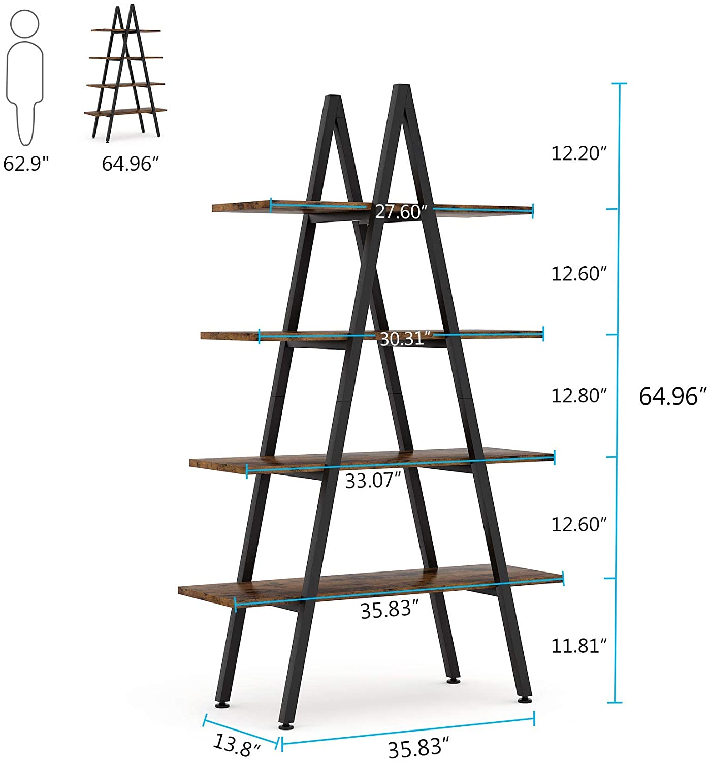 4 Tier A-Shaped Industrial Ladder Bookshelf - Rustic Wood Bookcase for Home Office, Living Room & Bedroom Storage - Perfect for Displaying Books, Plants & Decorative Items