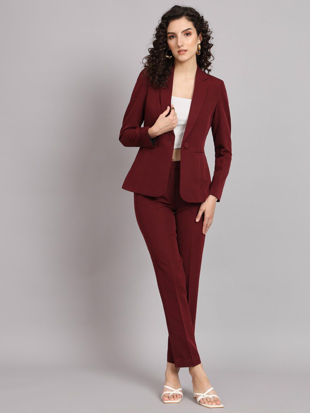 Stylish Notched Collar Stretch Pant Suit in Maroon - Comfortable Office Wear & Business Attire for Women