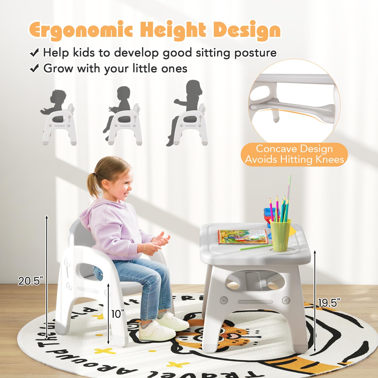 Costzon Kids Table and Chair Set - Dinosaur Themed Toddler Activity Desk with Storage Rack & Montessori Building Blocks | Sturdy Children's Furniture for Art, Play & Learning | Perfect for Daycare, Preschool & Home Playroom (Gray)