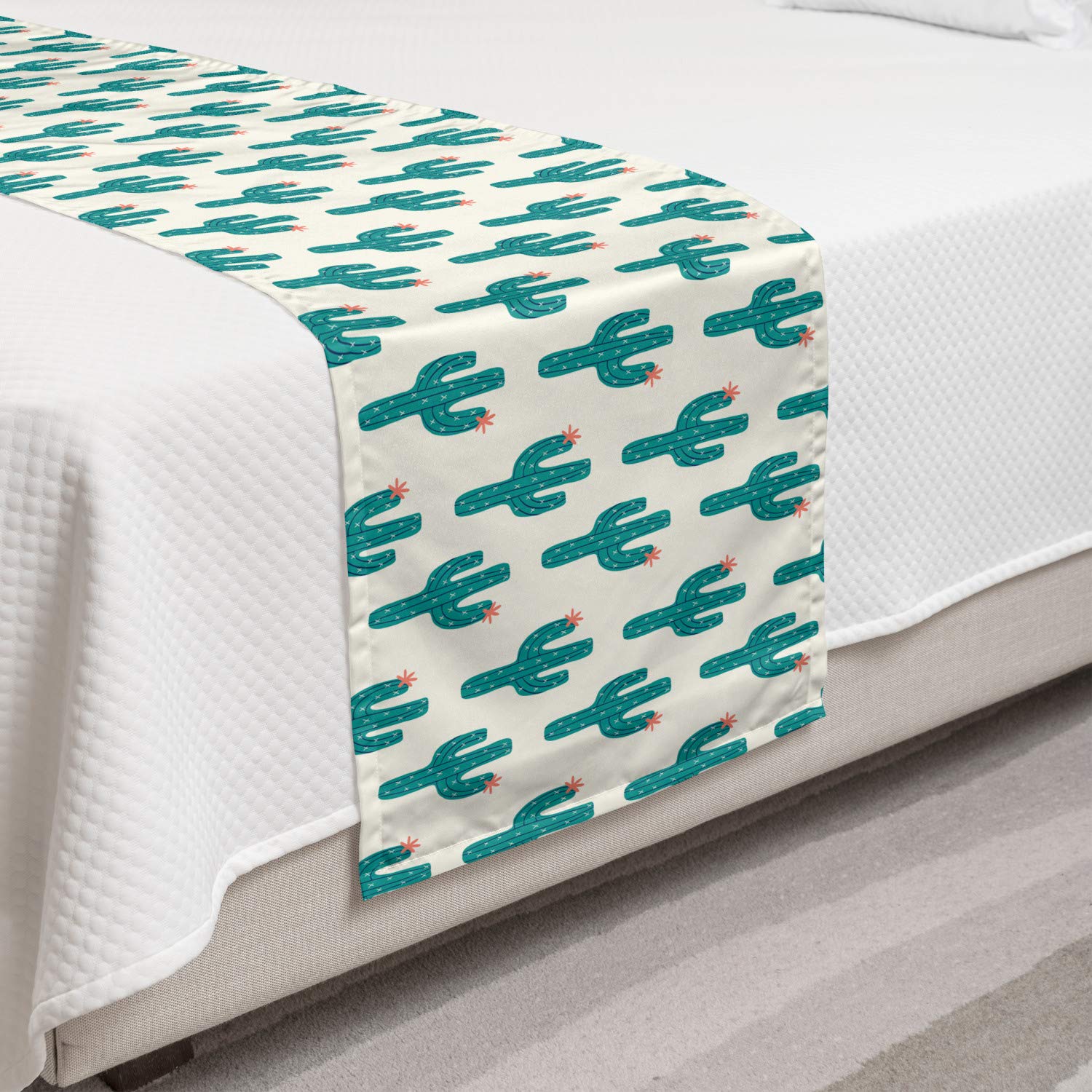 Ambesonne Cactus Print Bed Runner Set - Twin Size Pale Petrol Blue & Ivory, Decorative Cacti Silhouette with Flower Doodle Pattern Bed Scarf & Pillow Sham for Home, Hotel, Bedroom Decor