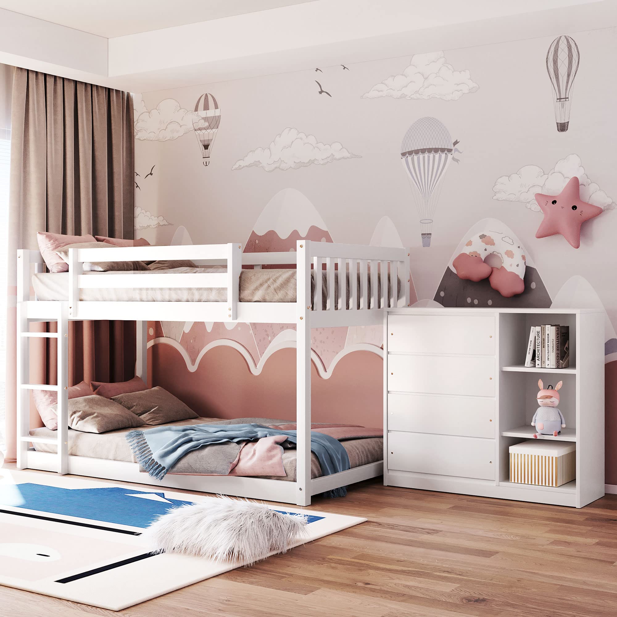 MERITLINE Twin Over Twin Bunk Bed with Storage - Low Bunk Bed Frame with 4 Drawers & 3 Shelves - Solid Wood Loft Bed for Kids, Girls & Boys (White) - Perfect for Small Bedrooms, Kids' Rooms & Space-Saving Solutions