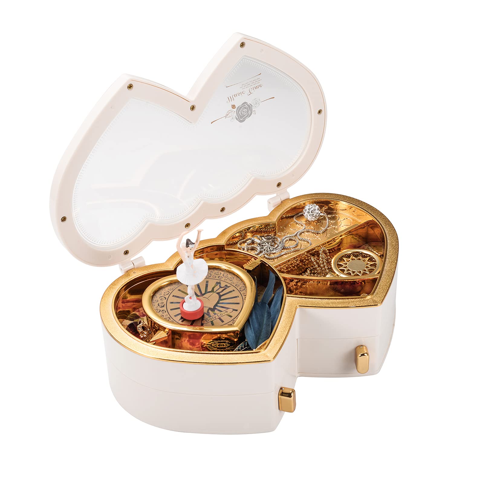 Rainbowie Heart Musical Jewelry Box with Dancing Girl - Arrow Design Jewelry Storage Box for Necklaces & Rings - Perfect Christmas Gift for Her (White) - Great for Bedroom Vanity, Birthday & Anniversary Presents