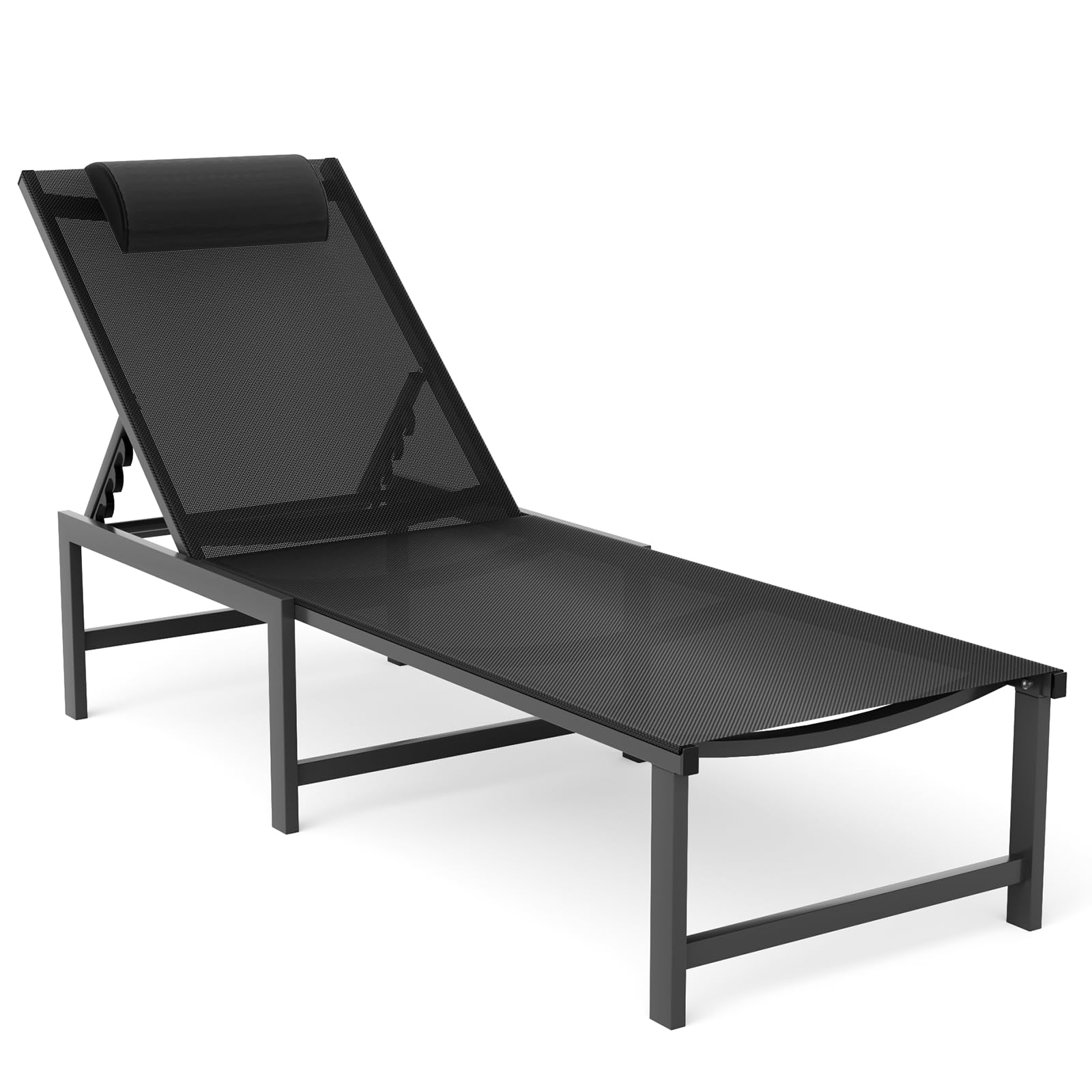 Adjustable Outdoor Chaise Lounge Chair with Headrest - 5-Position Reclining Patio Chair for Poolside, Beach & Backyard - Durable Aluminum Frame with Weather-Resistant Black Finish