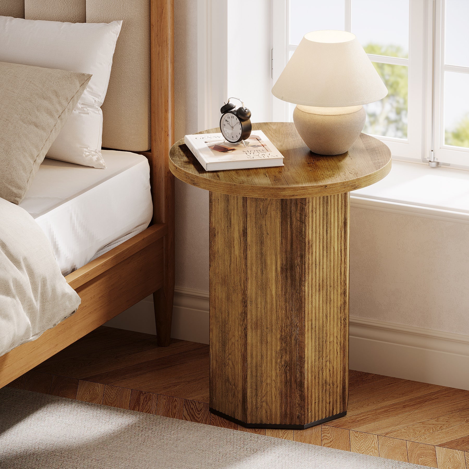 Round End Table with Stable Pedestal - Narrow Side Table & Nightstand for Living Room, Bedroom, or Office - Perfect for Small Spaces & Home Decor
