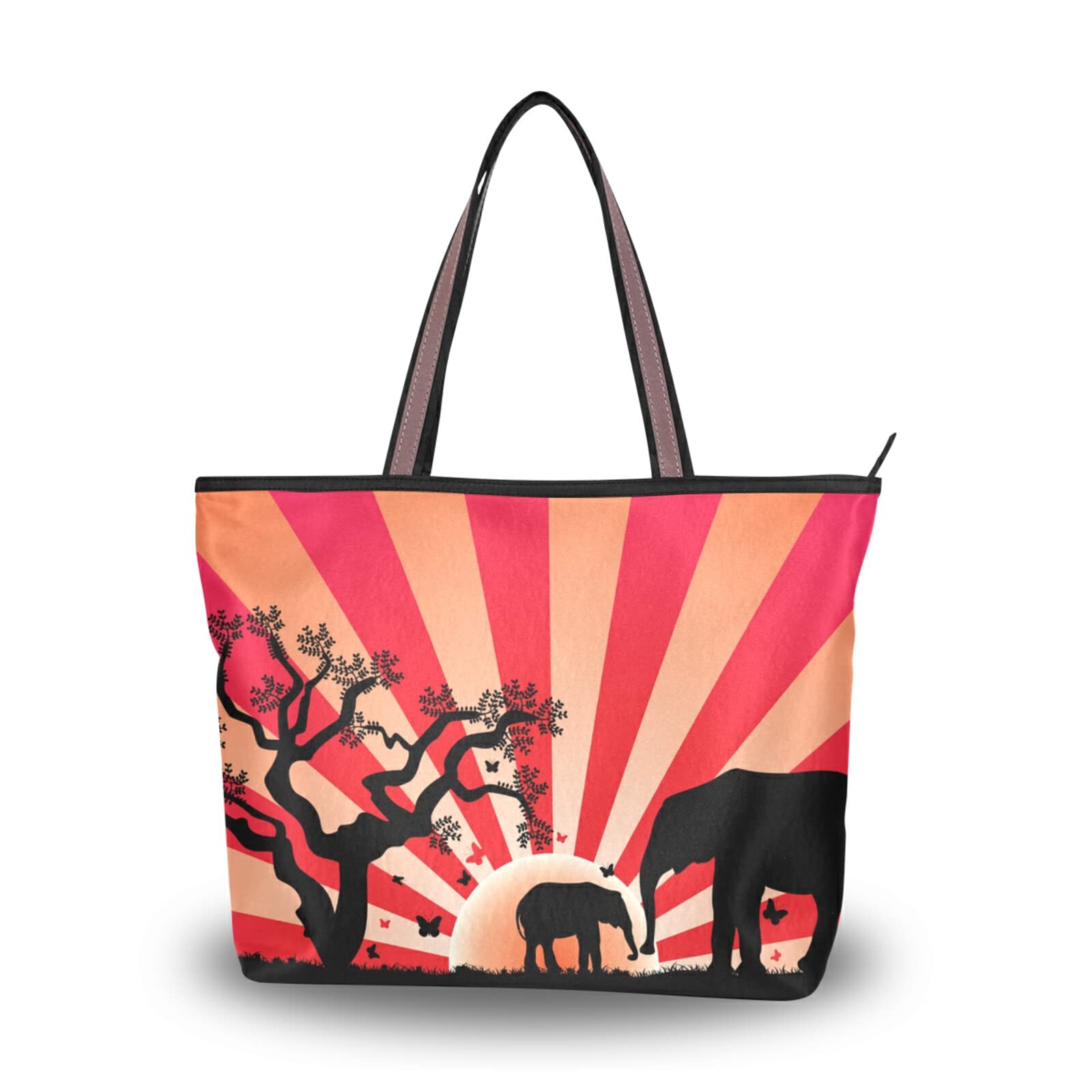 Large Capacity Zipper Tote Bag with Sunrise Elephants Print - Women's Grocery & Shopping Bag for Daily Use (2 Sizes) | Perfect for Beach, Work, Travel & Farmers Market