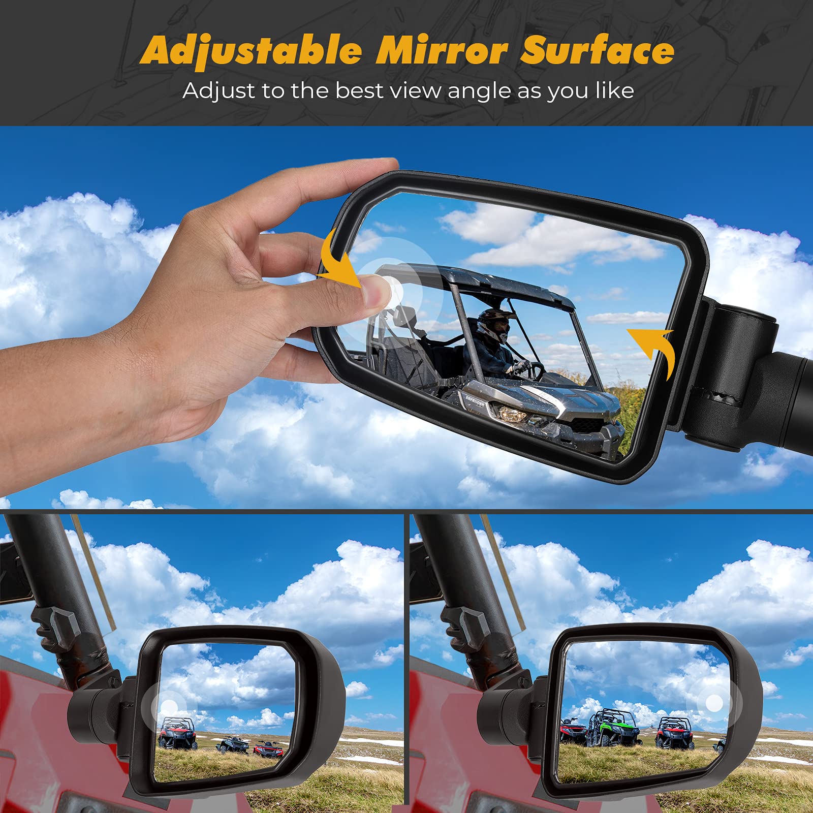 KEMIMOTO Adjustable Folding Aluminum UTV Side Mirrors - Compatible with 2014-2023 Polaris RZR XP 900/1000 Turbo Trail - Durable Bolt-On Clamp Mount Accessories for Off-Road Adventure & Trail Riding