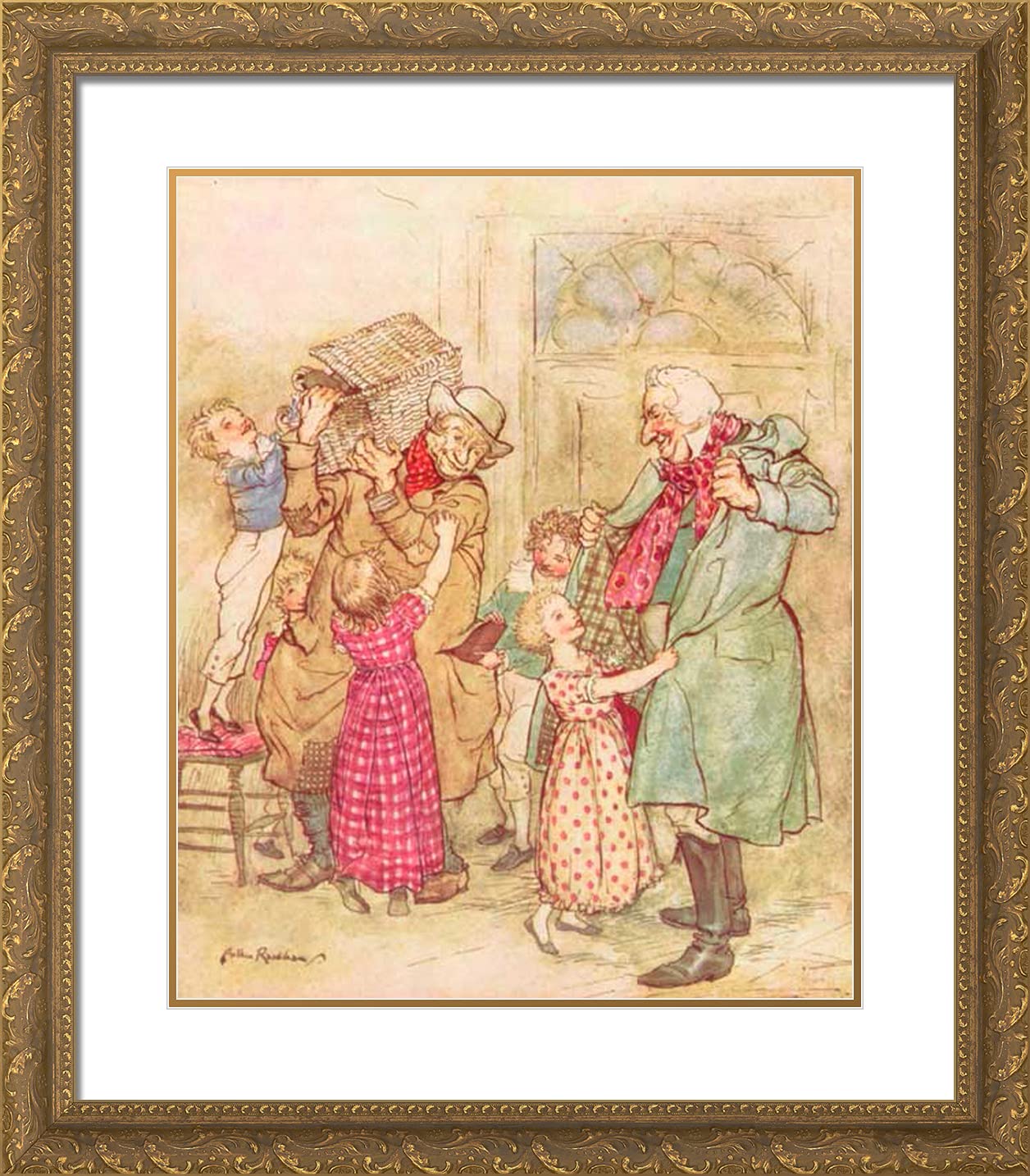 Arthur Rackham 20x23 Gold Ornate Framed Art Print - Laden With Christmas Toys and Presents - Double Matting Wall Decor - Perfect for Holiday Home Decor & Christmas Gift Ideas
