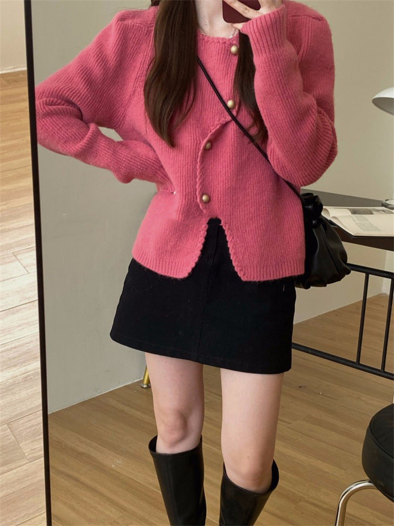 Stylish Irregular Button Round Neck Sweater Coat - Warm Knitted Pullover for Women | Fall & Winter Fashion | Perfect for Casual Outings & Office Wear