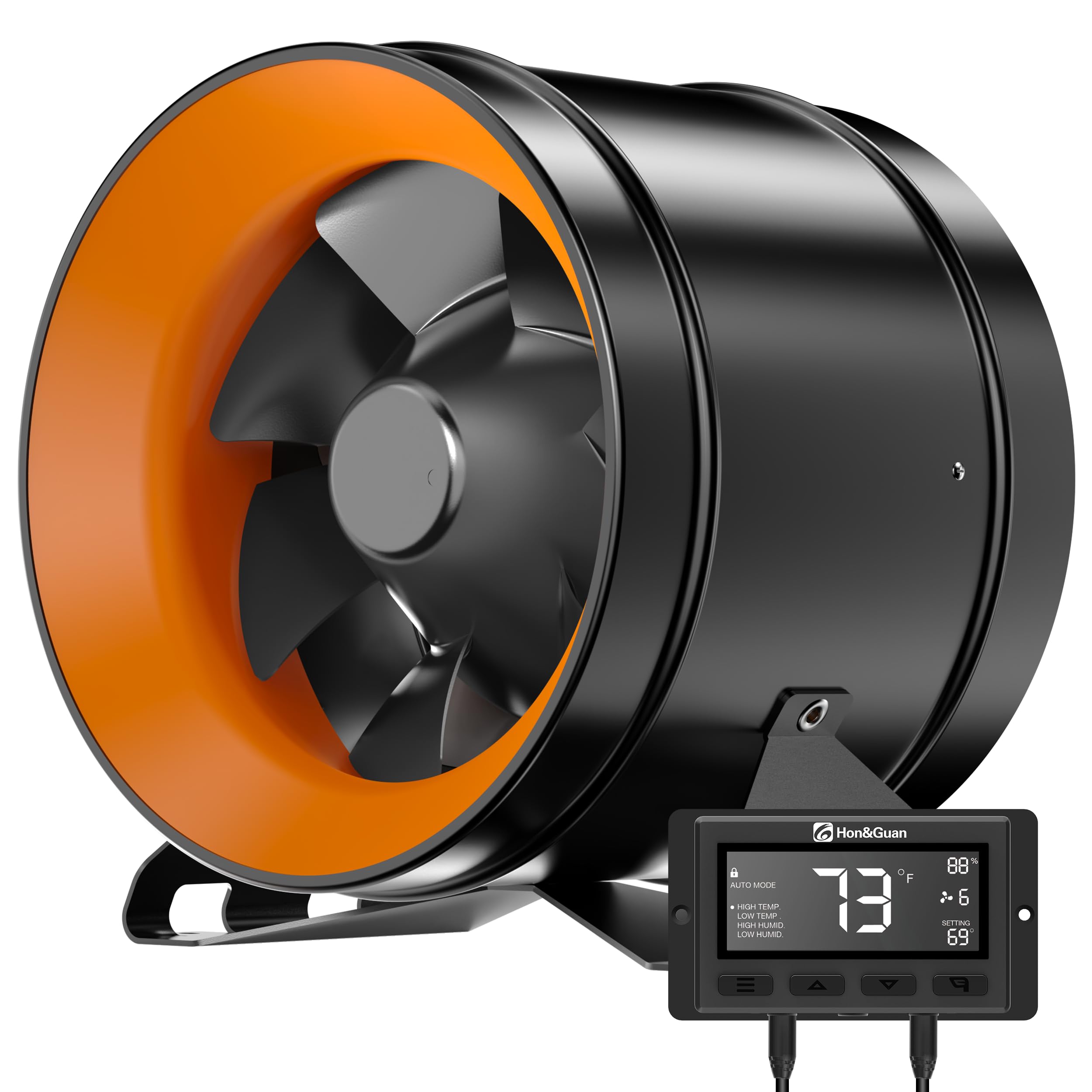Hon&Guan PRO 8 Inch Inline Duct Fan - 830 CFM High Airflow with Ultra Quiet EC Motor & Smart Temperature Humidity Controller - Ventilation Exhaust Fan for Grow Tents, Hydroponics, HVAC Systems, Home Heating & Cooling (Black & Orange) - Perfect for Indoor Gardening, Greenhouse Ventilation & Basement Air Circulation
