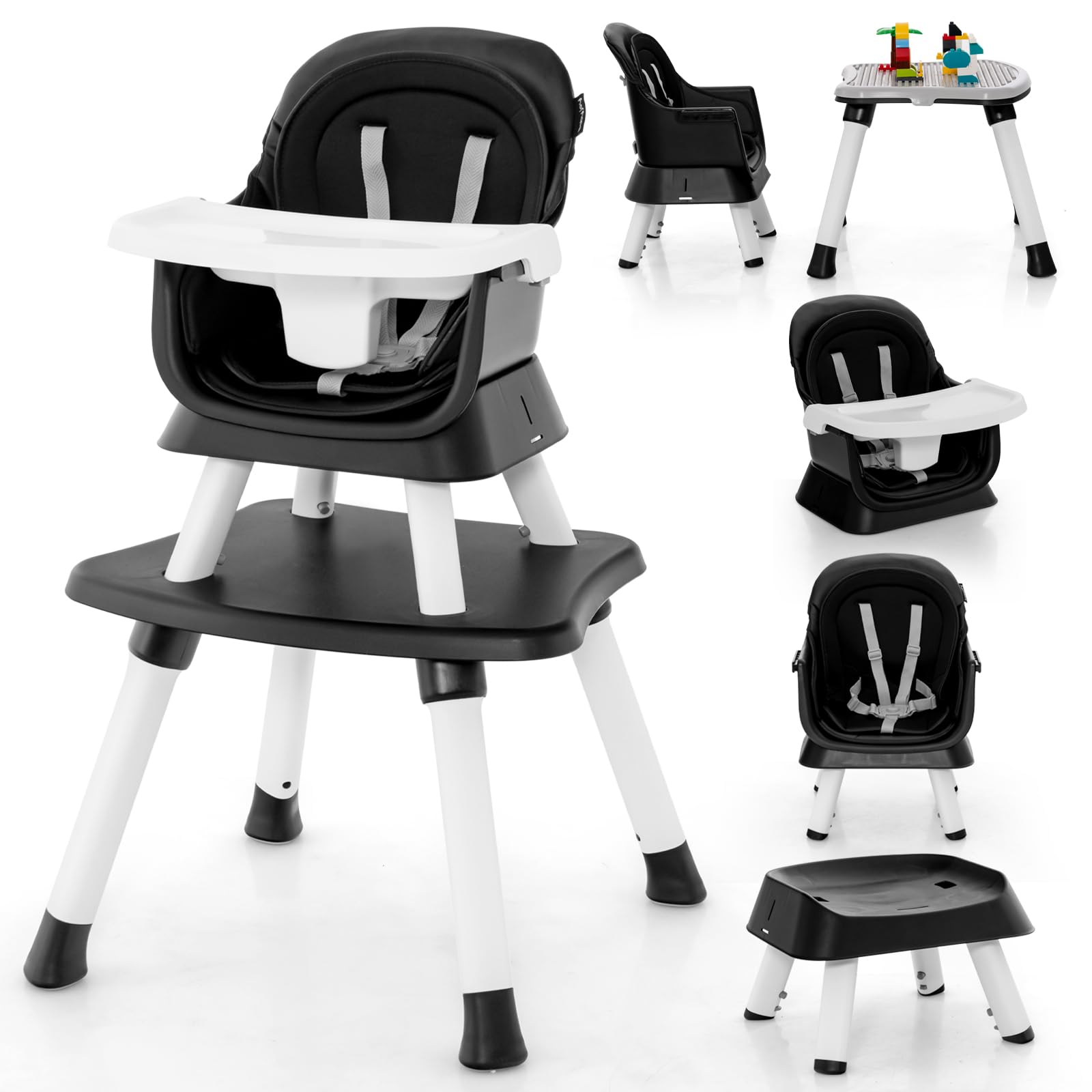 HONEY JOY 8-in-1 Convertible Baby High Chair for Toddlers - Multi-Functional Highchair, Booster Seat, Building Block Table & Stool with Safety Harness (Black) - Perfect for Dining, Playtime & Learning Activities
