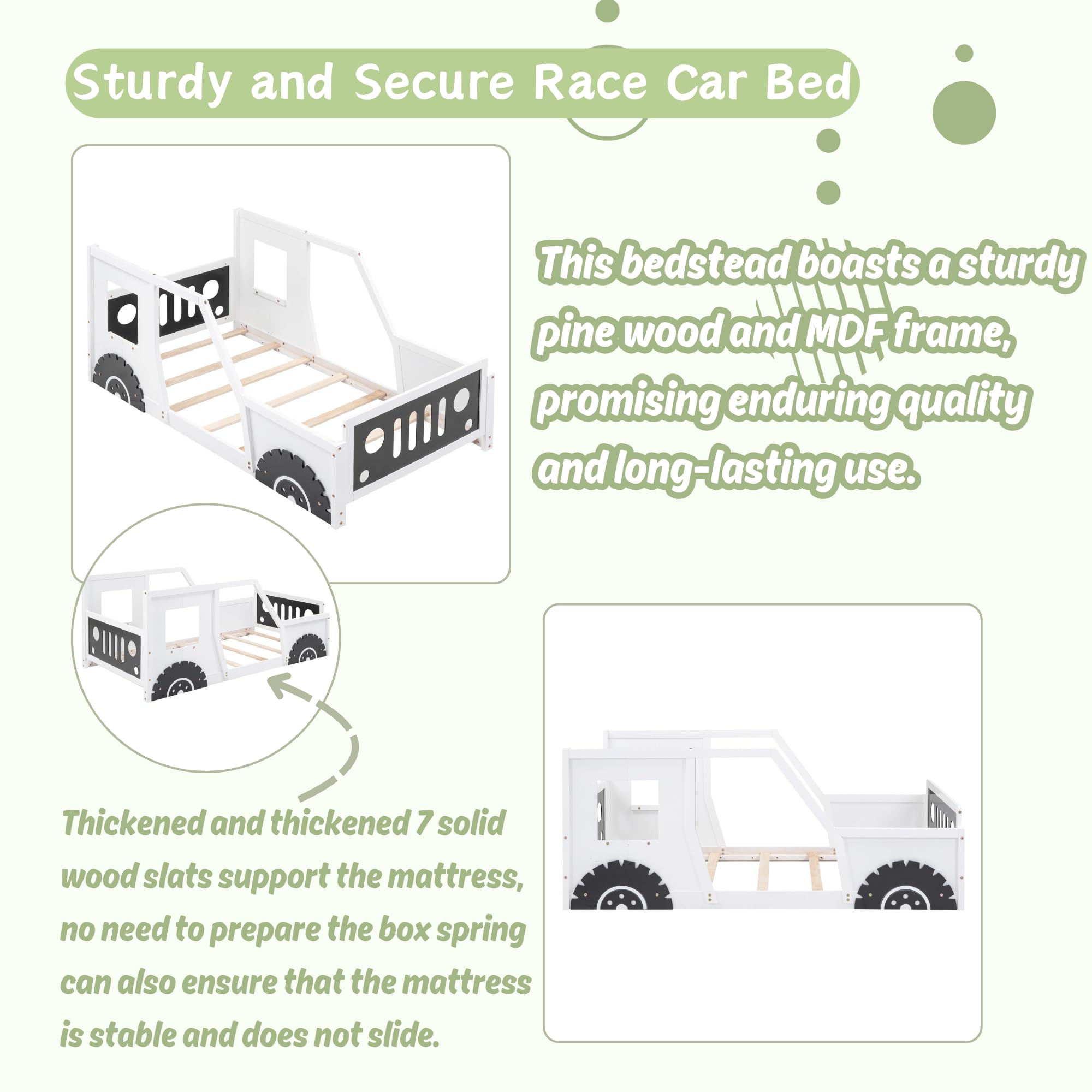 Twin Size Wooden Race Car Bed Frame with Headboard & Footboard - 4 Safety Side Rails - Kids Floor Bed for Boys & Girls - Perfect for Bedrooms, Playrooms & Sleepovers (White)