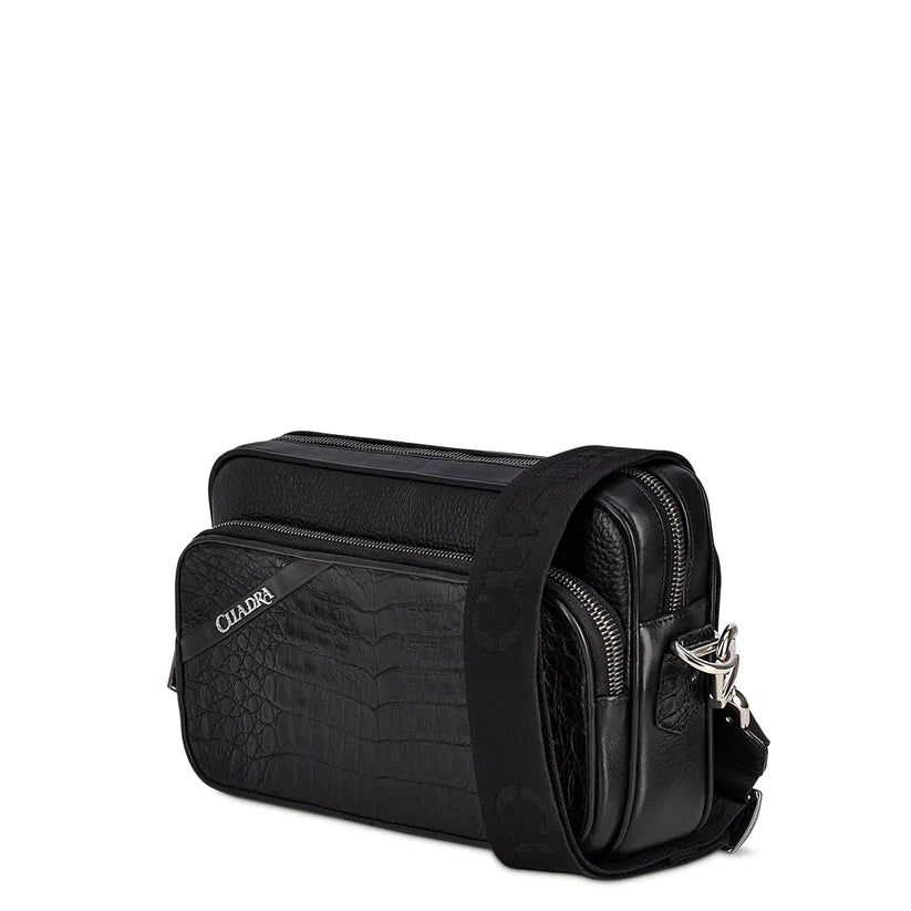BOC04FU Men's Black Casual Caiman Leather Chest Clutch Bag - Stylish Crossbody Messenger Bag for Everyday Use, Travel & Outdoor Activities