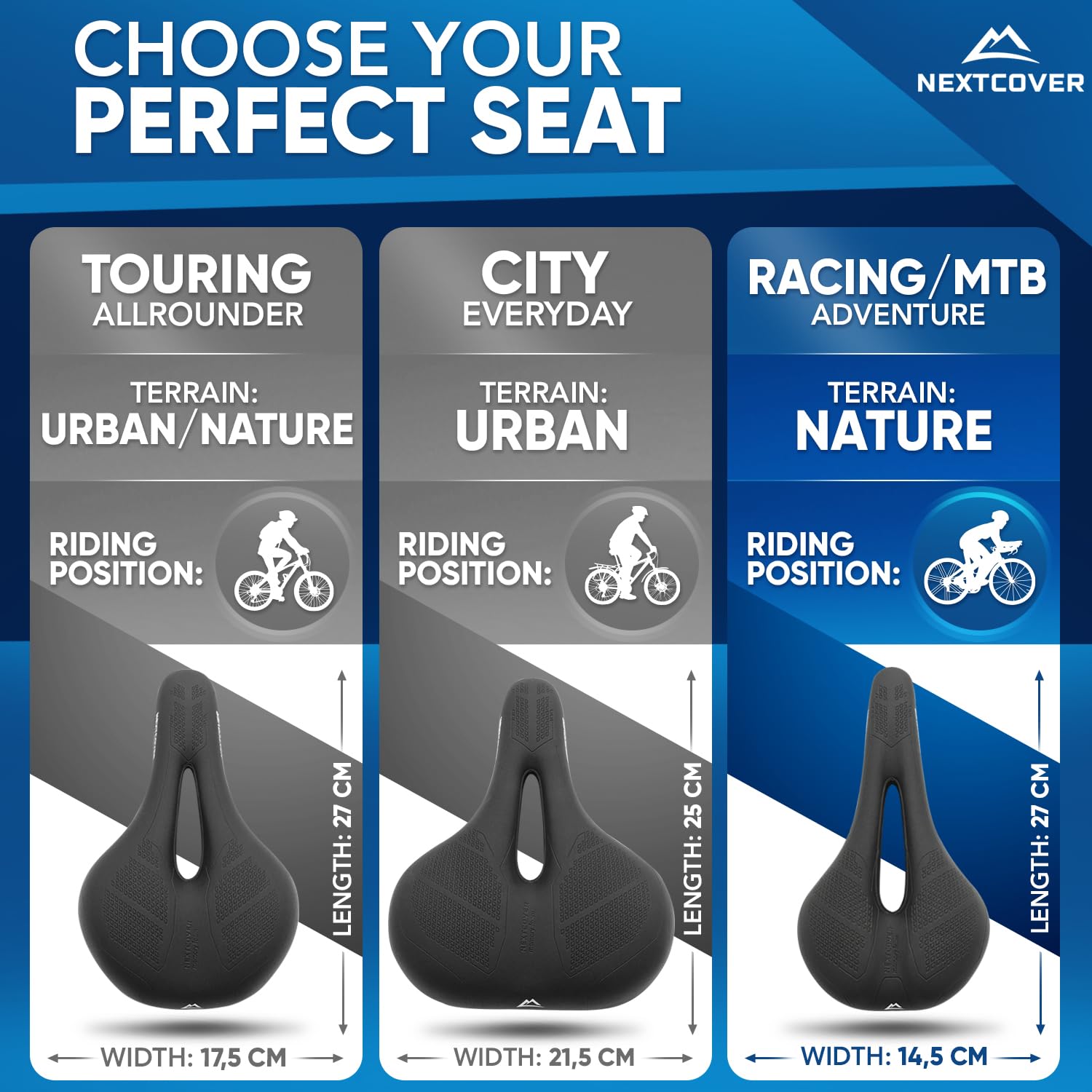 NEXTCOVER® Memory Foam Bike Seat with Air Suspension - Ultra Comfortable Bicycle Saddle for Men & Women - Mountain, Road & Exercise Bike Seat - Perfect for Long Rides, Commuting & Indoor Cycling Workouts