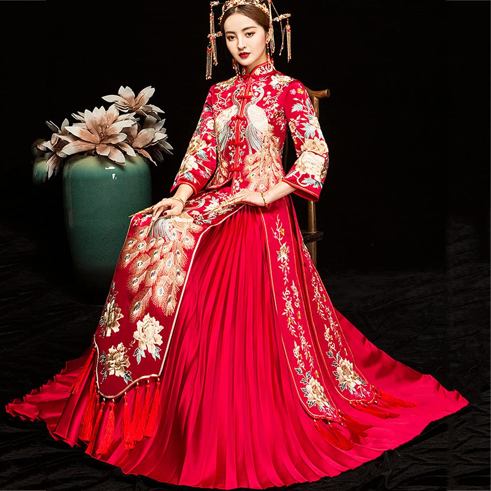 Vintage Peacock Cheongsam Wedding Dress - Traditional Chinese Bridal Gown with Fringed Cuffs & Stand Collar Design | Perfect for Wedding Ceremonies, Cultural Events & Asian-Themed Parties