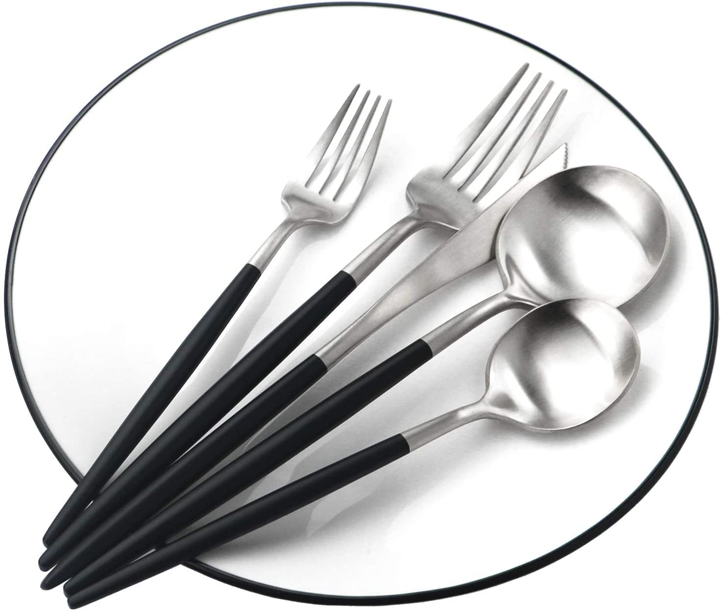 40-Piece Matte Silver Black 304 Stainless Steel Cutlery Set - Forks, Spoons & Knives for 8 People - Durable Kitchen Dinnerware for Camping, Wedding, Christmas Party & Home Dining (Dishwasher Safe)