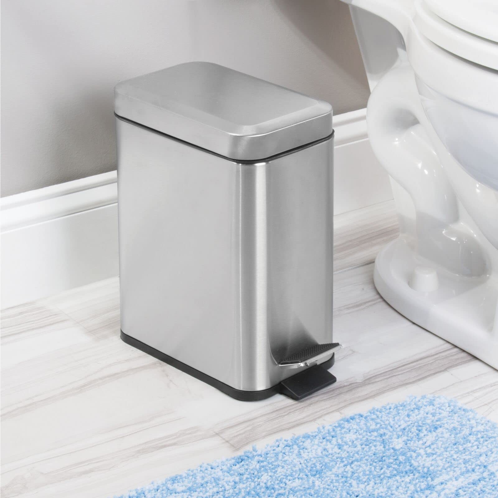 mDesign Rectangular Step-Open Wastebasket Trash Can - Brushed Stainless Steel Garbage Bin for Kitchen, Bathroom, Office & Home Use