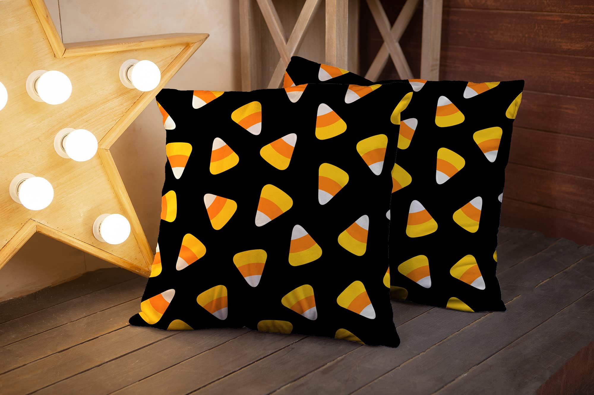EMMTEEY Halloween Throw Pillow Covers Set of 2 - 16x16 Inch Candy Corn Print Decorative Pillowcases for Couch, Sofa, Bedroom - Spooky Holiday Home Decor for Halloween Party & Fall Season