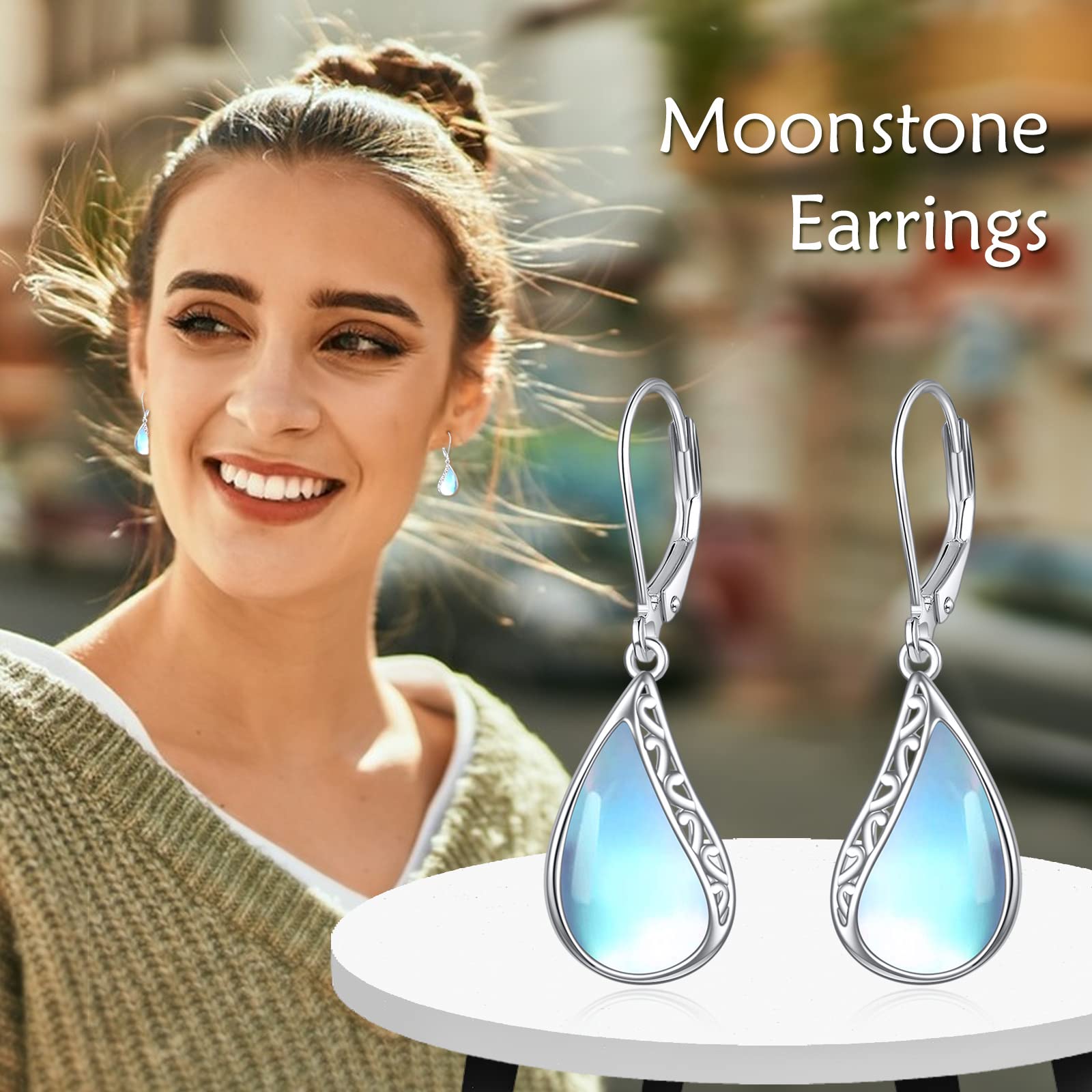 POPLYKE Sterling Silver Teardrop Larimar Moonstone Leverback Earrings for Women - Infinity Dangle Earrings, Elegant Birthday Gifts for Her, Perfect for Weddings, Parties & Special Occasions