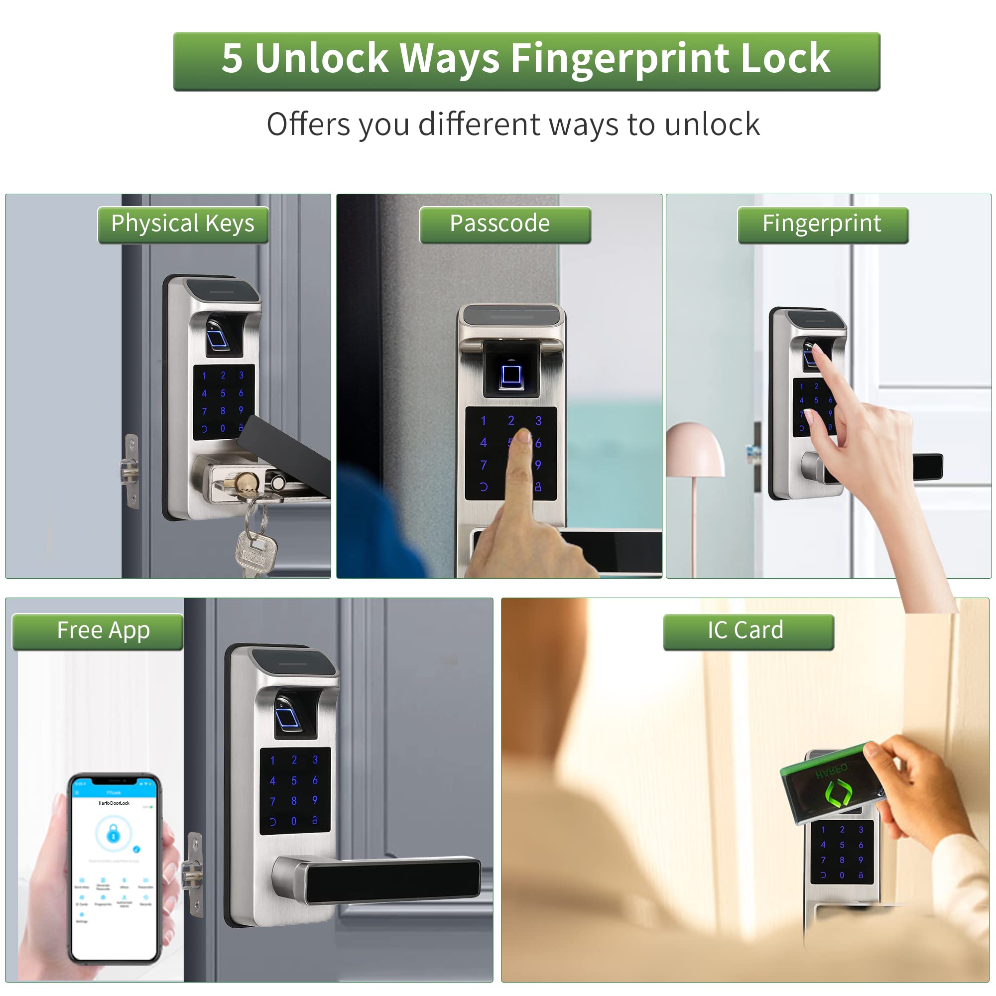 Harfo Smart Door Lock - Keyless Entry Fingerprint & Keypad Electronic Door Lock with Full App Control - Heavy Duty Digital Security for Homes & Offices (Satin Nickel) - Perfect for Modern Smart Homes & Apartments