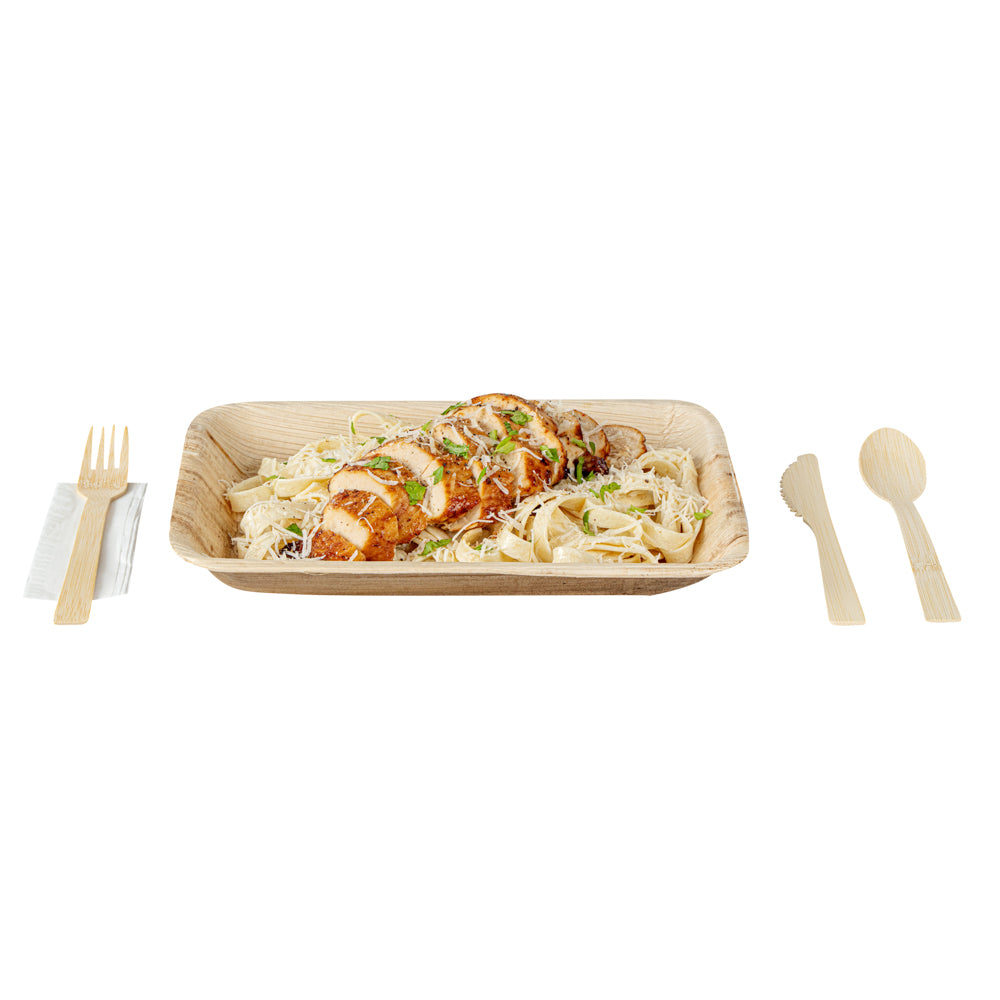 Eco-Friendly Bamboo Disposable Cutlery Set with White Napkins & Kraft Paper Pouch - 100 Count (7-Piece Set) | Perfect for Parties, Picnics, Catering & Sustainable Dining