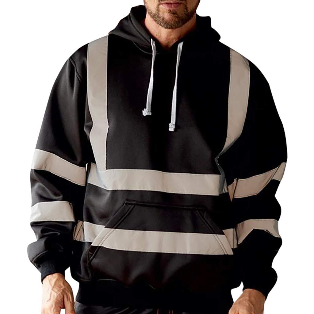 Men's Long Sleeve Hooded Sweatshirt with Drawstring & Reflective Strip - Solid Color Casual Pullover for Work, Gym & Outdoor Activities