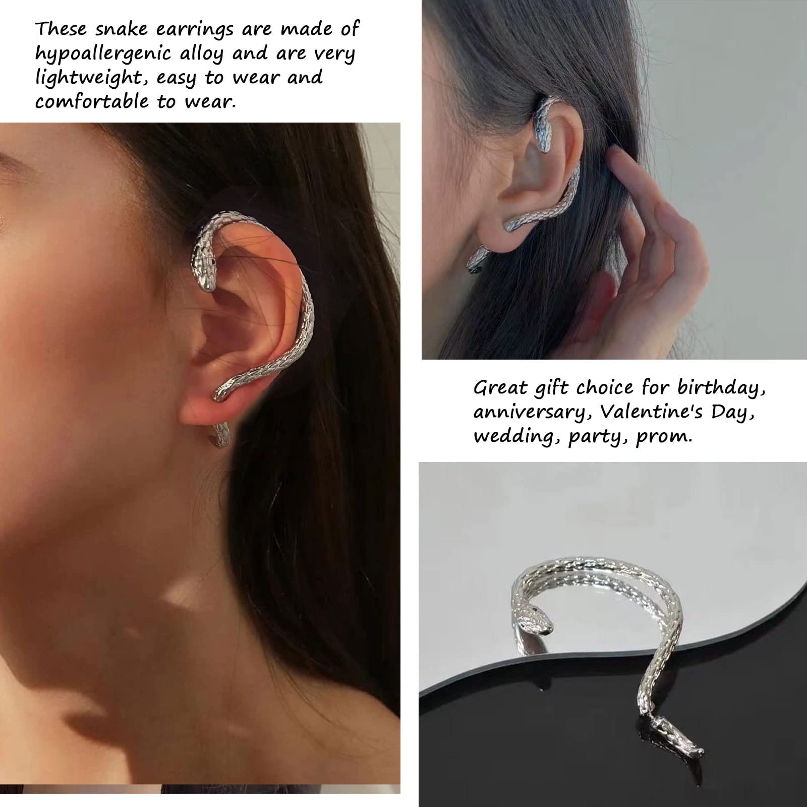 Vintage Snake Stud Earrings & Ear Cuffs for Women - Cartilage Clip On, Pierced Ear Wrap Climber Jewelry - Perfect for Parties, Date Nights & Boho Fashion