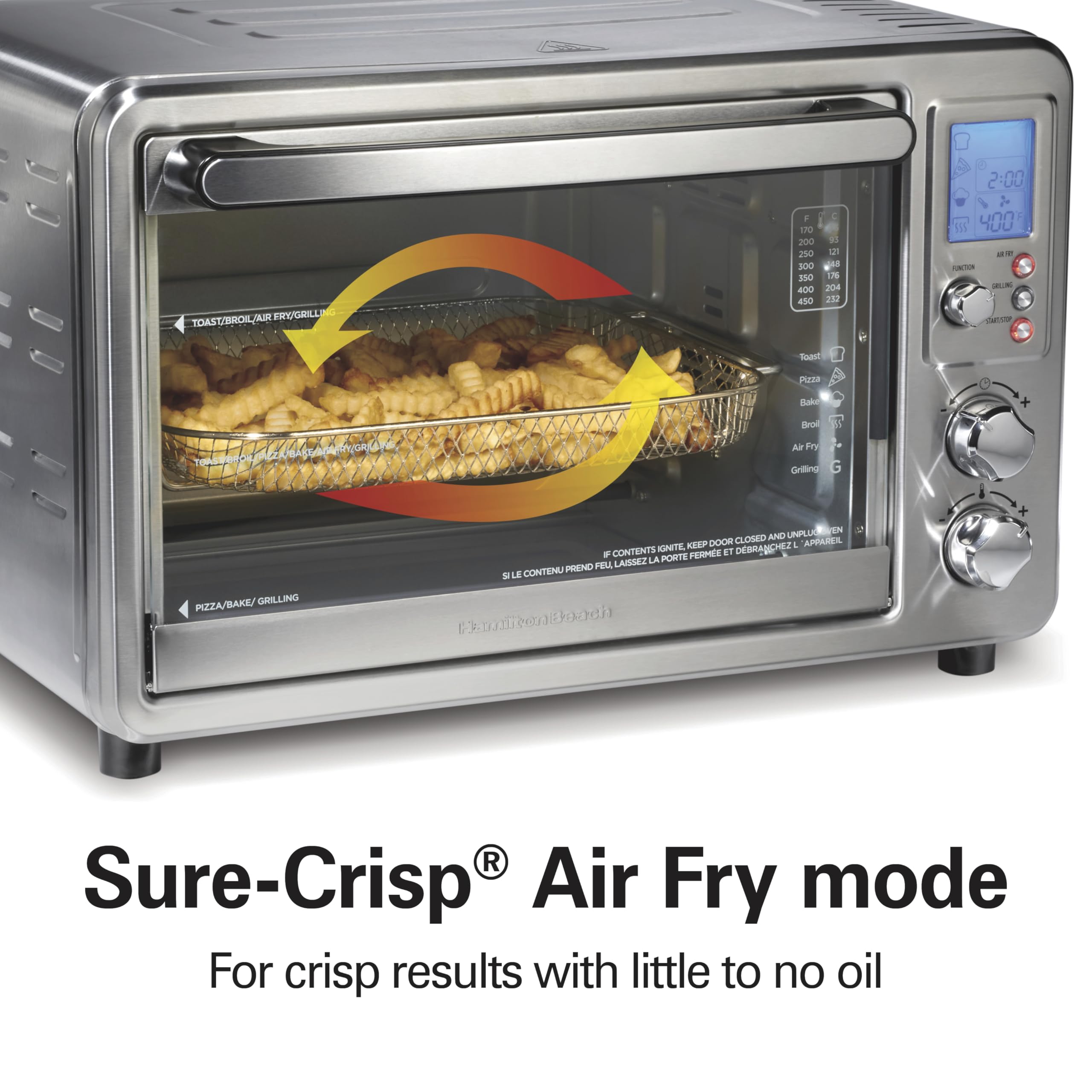 Hamilton Beach 6-in-1 Sure Crisp Air Fryer Toaster Oven Combo with Electric Indoor Grill - 450°F Searing Temperature for Baking, Broiling, Toasting & Pizza Making | 0.88 cu. ft Capacity, 6-Slice Toaster, Stainless Steel (Model 31395) | Perfect for Small Kitchens, Quick Meals & Healthy Cooking