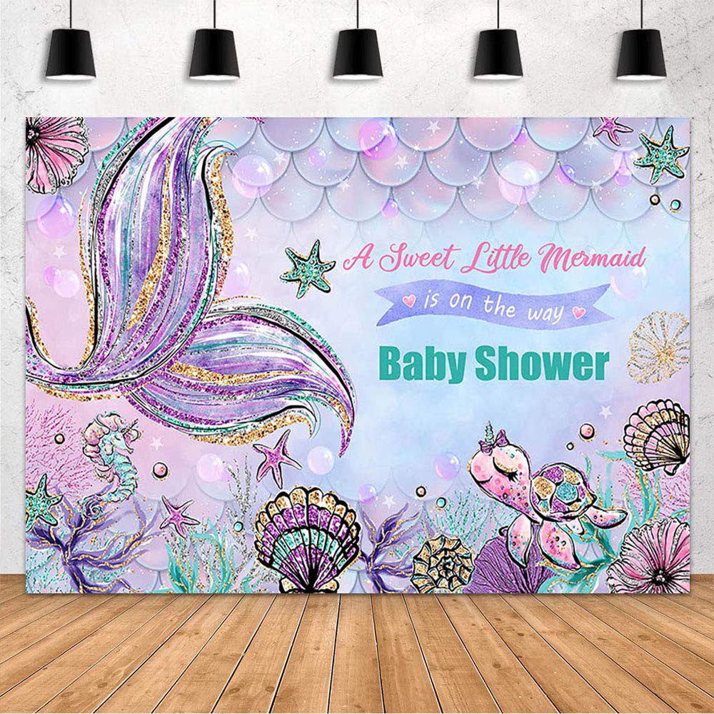 MEHOFOND 7x5ft Mermaid Baby Shower Backdrop - Under The Sea Photo Banner with Turtle & Scales for Girl's Shower Decor, Cake Table, Wall Decor | Perfect for Mermaid Theme Baby Showers, Birthday Parties & Underwater Photo Booths