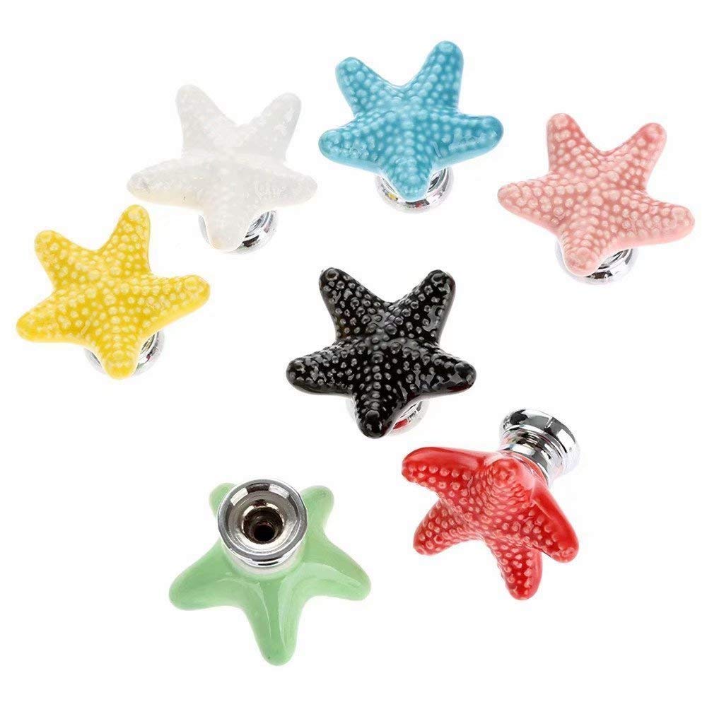 Blue Starfish Ceramic Drawer Knobs - 6 Pack Beach Themed Cabinet Handles for Nursery, Dresser, Cupboard, Wardrobe & Kitchen - Perfect for Coastal Decor & Ocean Inspired Interiors