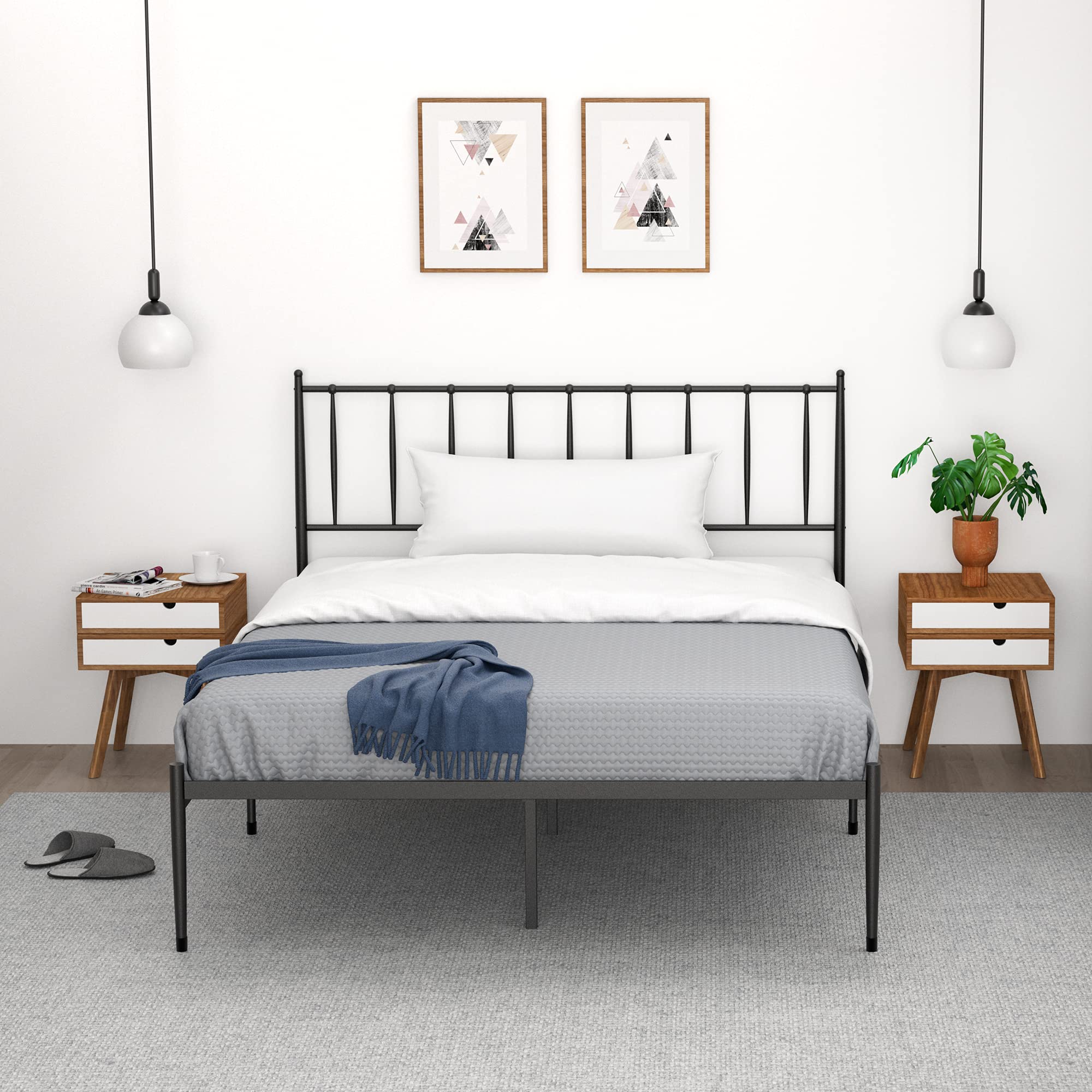 Queen Size Platform Bed Frame with Metal Headboard - Sturdy Mattress Foundation with Slat Support, 12.3