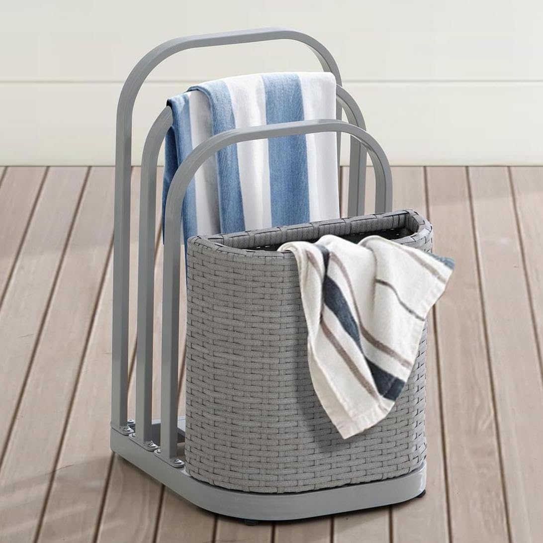 **Sunjoy 16-Inch Rust-Proof Aluminum Pool Float Storage Rack – Outdoor Wicker Poolside Organizer for Cushions, Floaties, Noodles & Toys (Grey) – Perfect for Backyard, Poolside & Beach Storage**