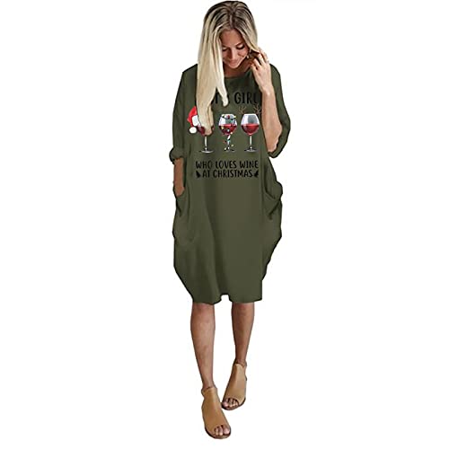 Twoker Women's Christmas Dress - Long Sleeve Cute Printed Round Neck Swing Dress with Pockets, Black A-Line Maxi Skirt for Holiday Party, Winter Wedding, Office Christmas Celebration & Festive Gatherings
