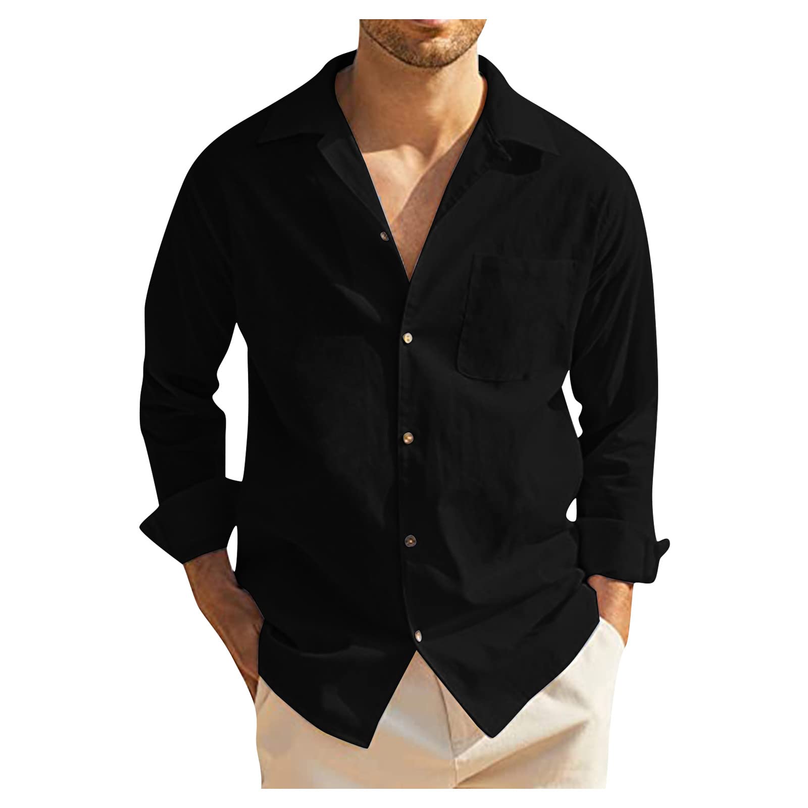 LOOKAA Men's Casual Linen Button Down Shirt - Long Sleeve Stand Collar Western Style Solid Top - Perfect for Spring Outfits, Office Wear & Outdoor Activities