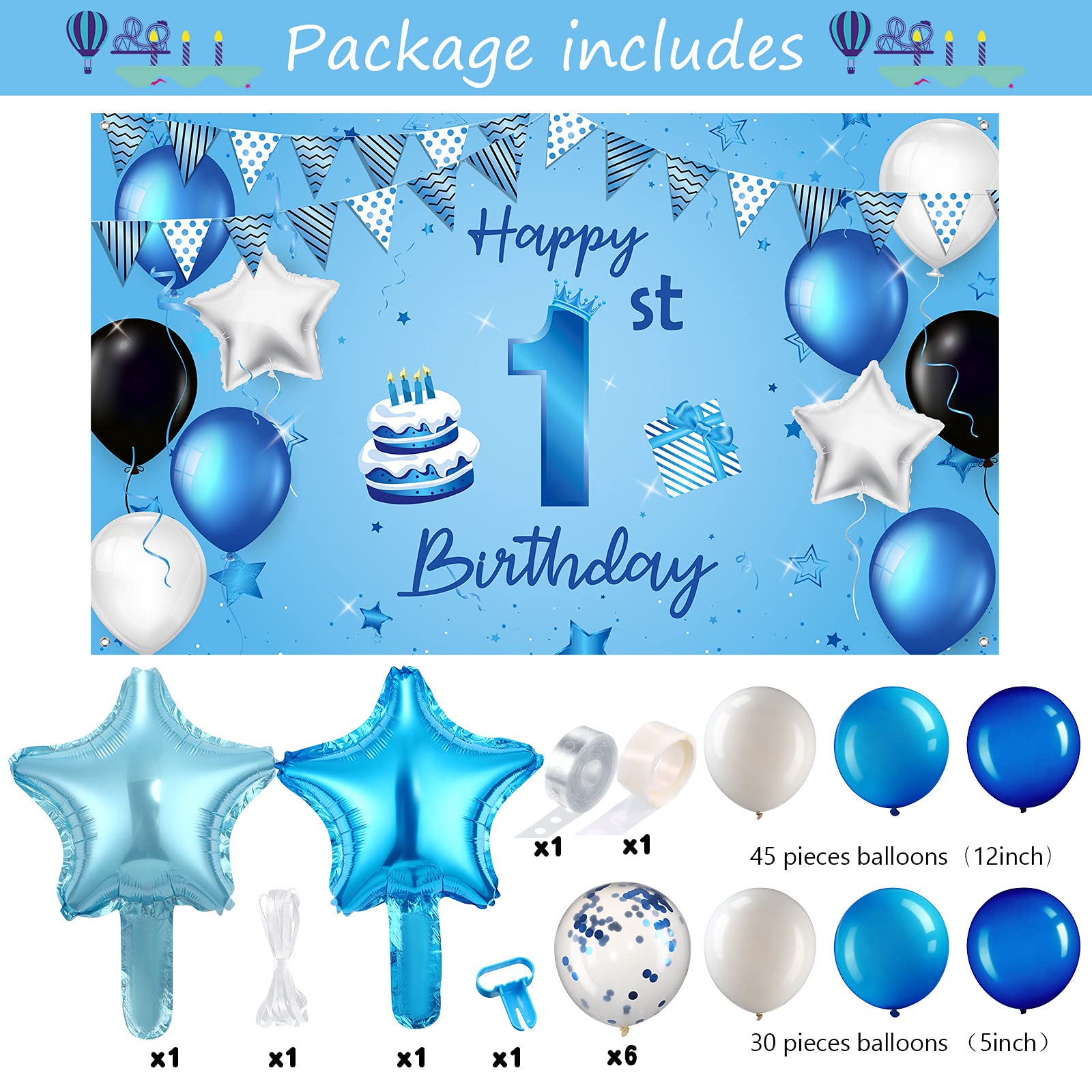 88 Pcs Blue Baby Boy 1st Birthday Party Decorations Set - Backdrop, Banner, Foil Star Balloons for First Birthday Party & Baby Shower Decor | Perfect for Cake Smash Photo Shoot & Nursery Room Decoration
