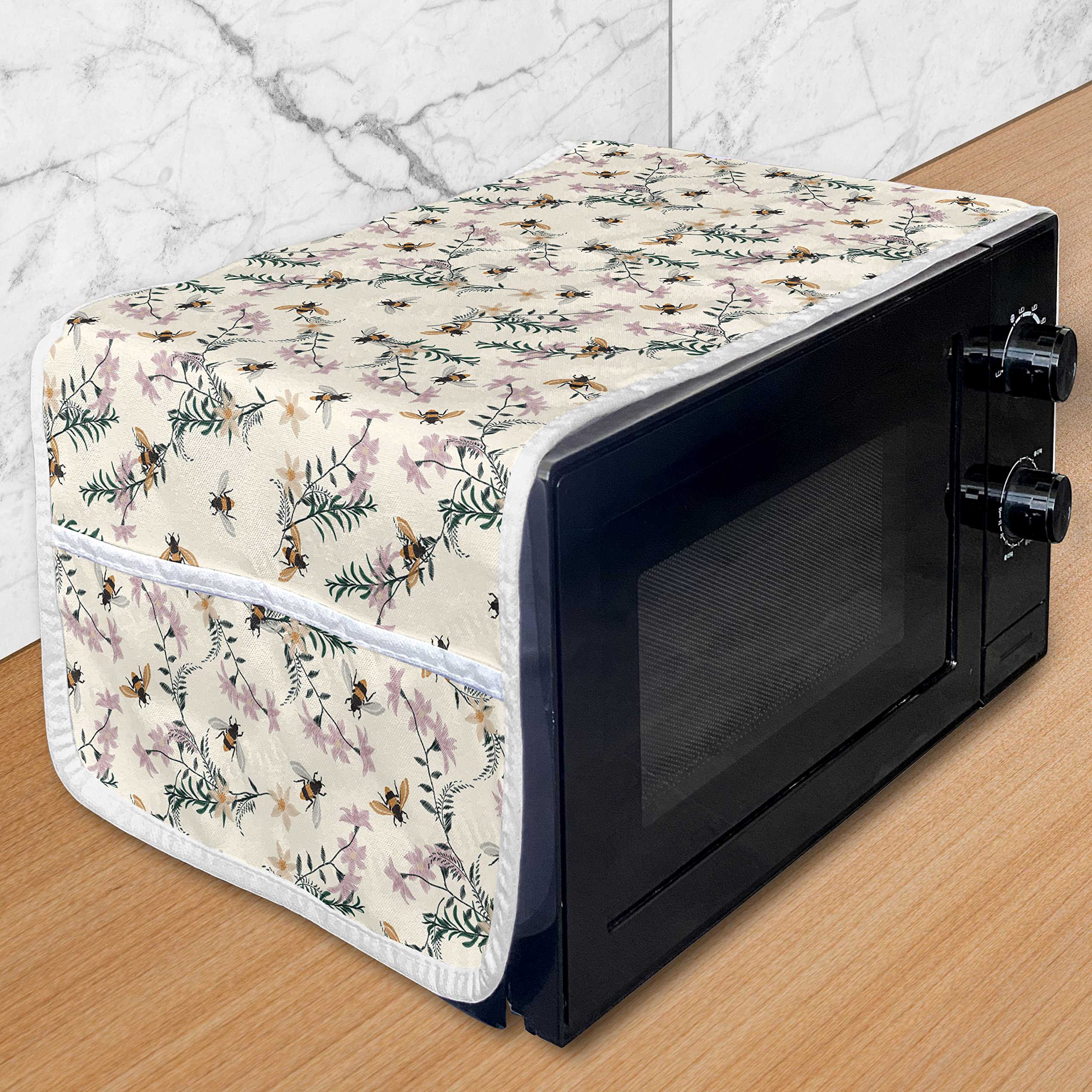 Ambesonne Vintage Floral Microwave Cover - Honey Bee & Flower Petals Print, Waterproof Kitchen Organizer with Pockets, 36